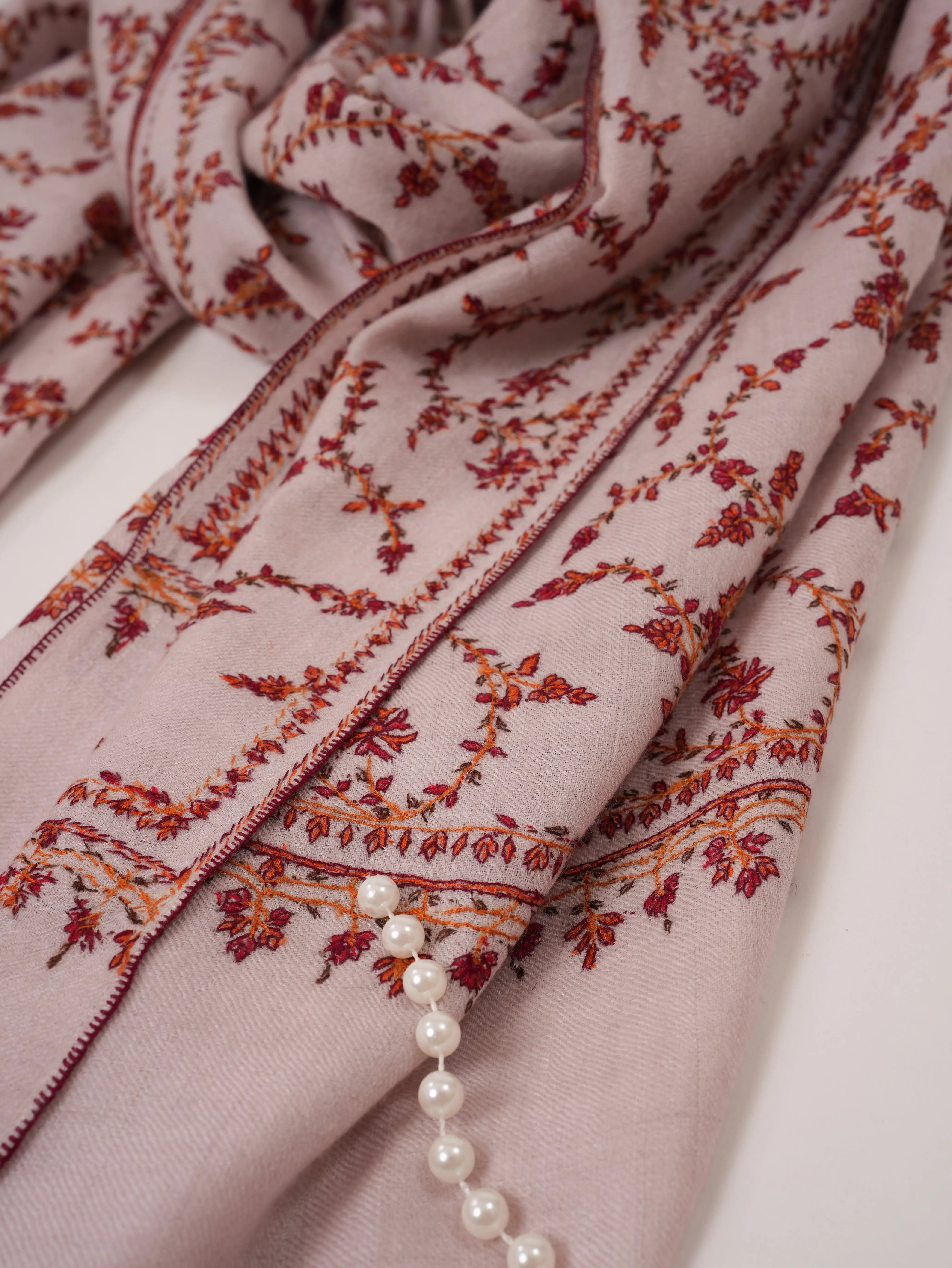 Baby Pink Pure Pashmina Shawl with Hand Sozni Embroidery Shahkaar.com