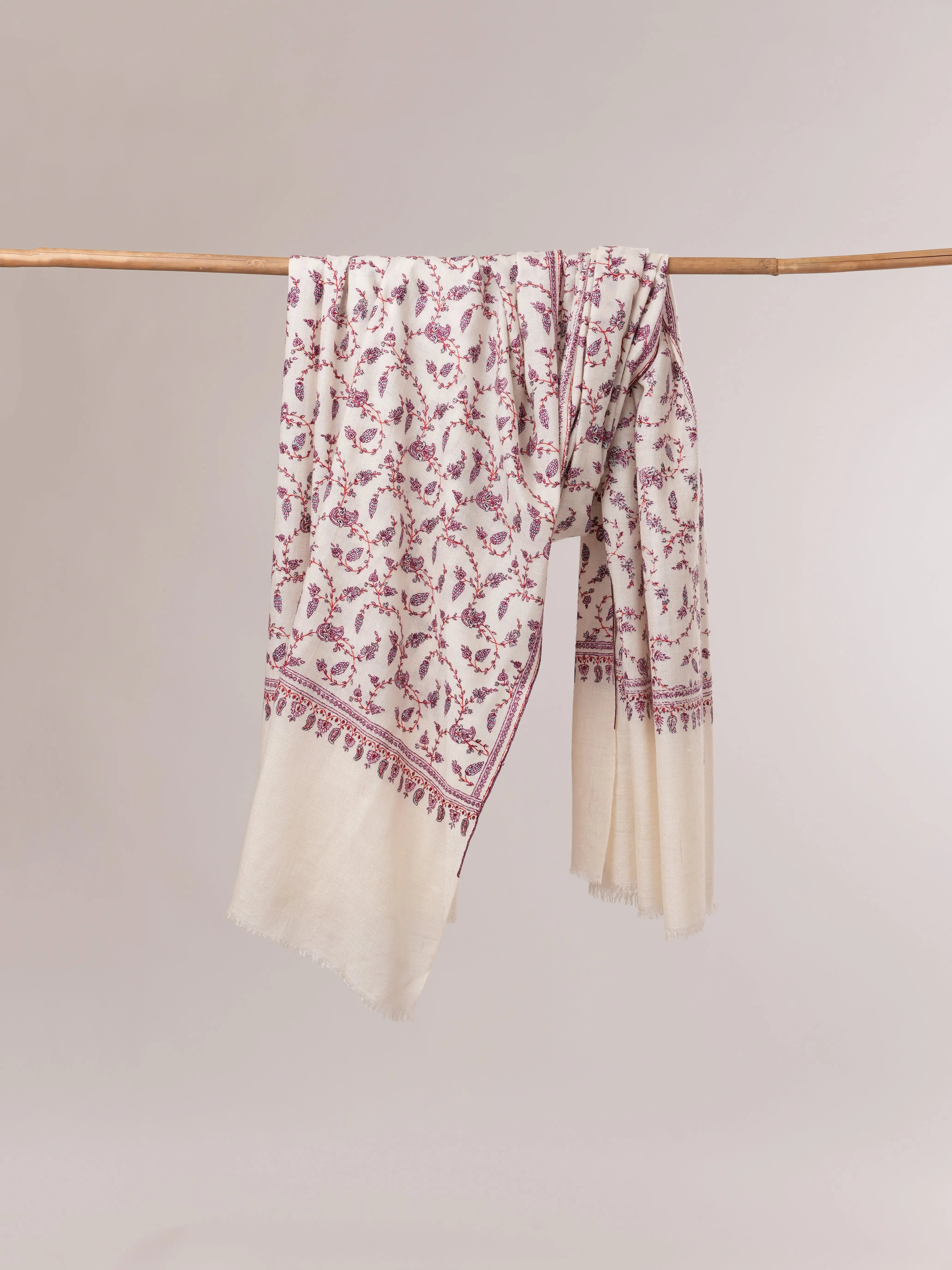 Natural White Pure Pashmina Hand Embroidered Floral Shawl Shahkaar.com