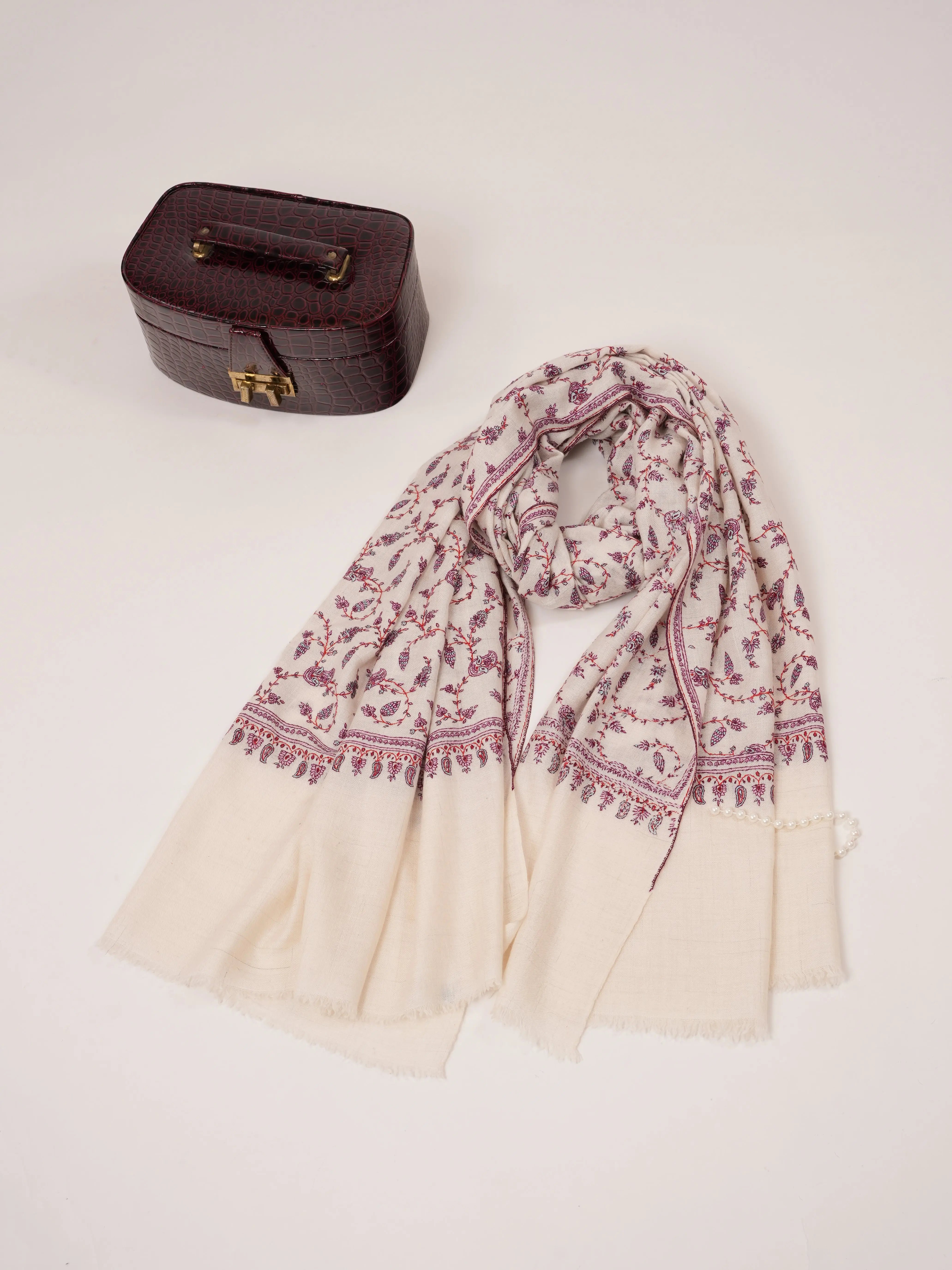 Natural White Pure Pashmina Hand Embroidered Floral Shawl Shahkaar.com