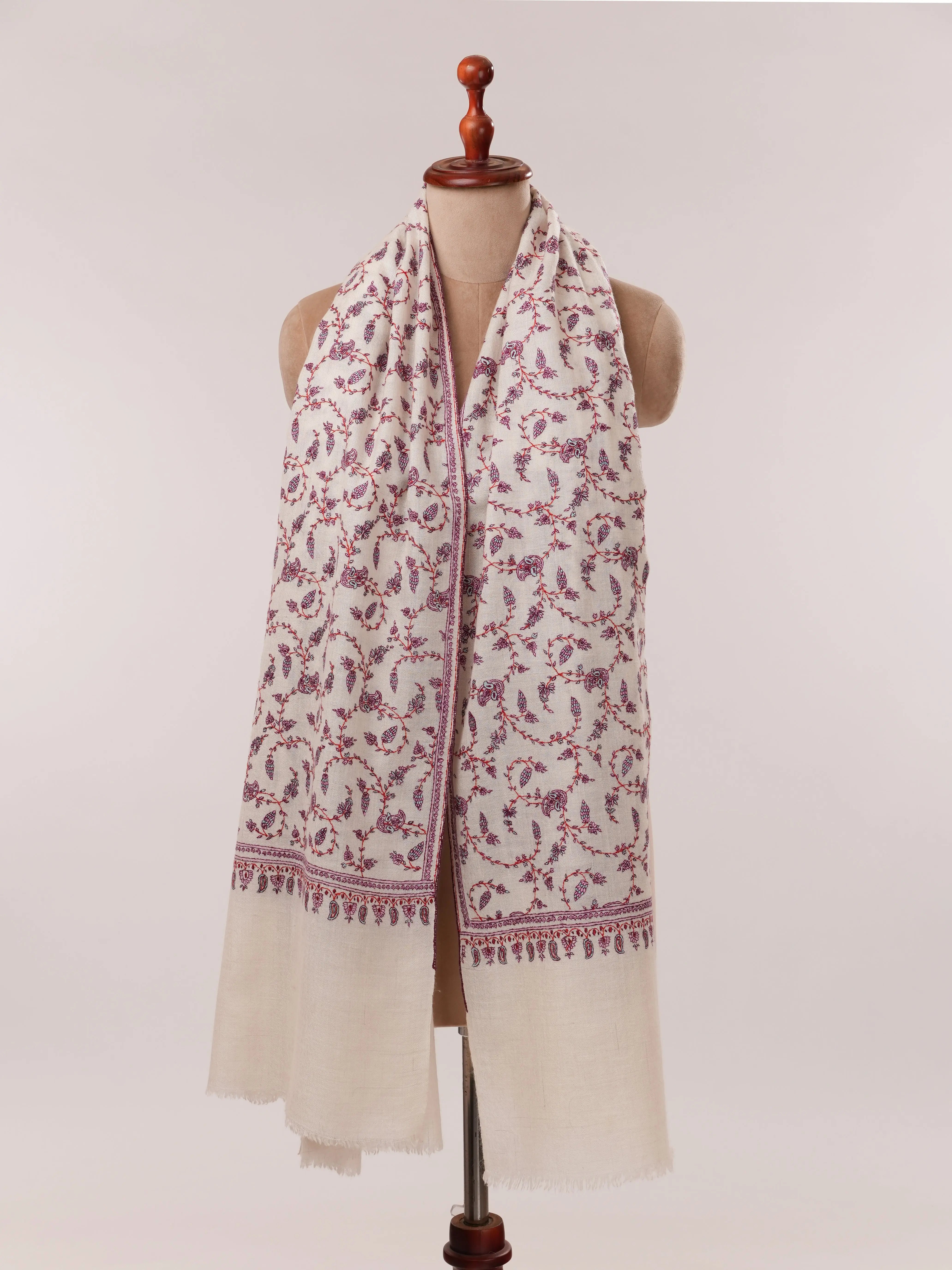Natural White Pure Pashmina Hand Embroidered Floral Shawl Shahkaar.com