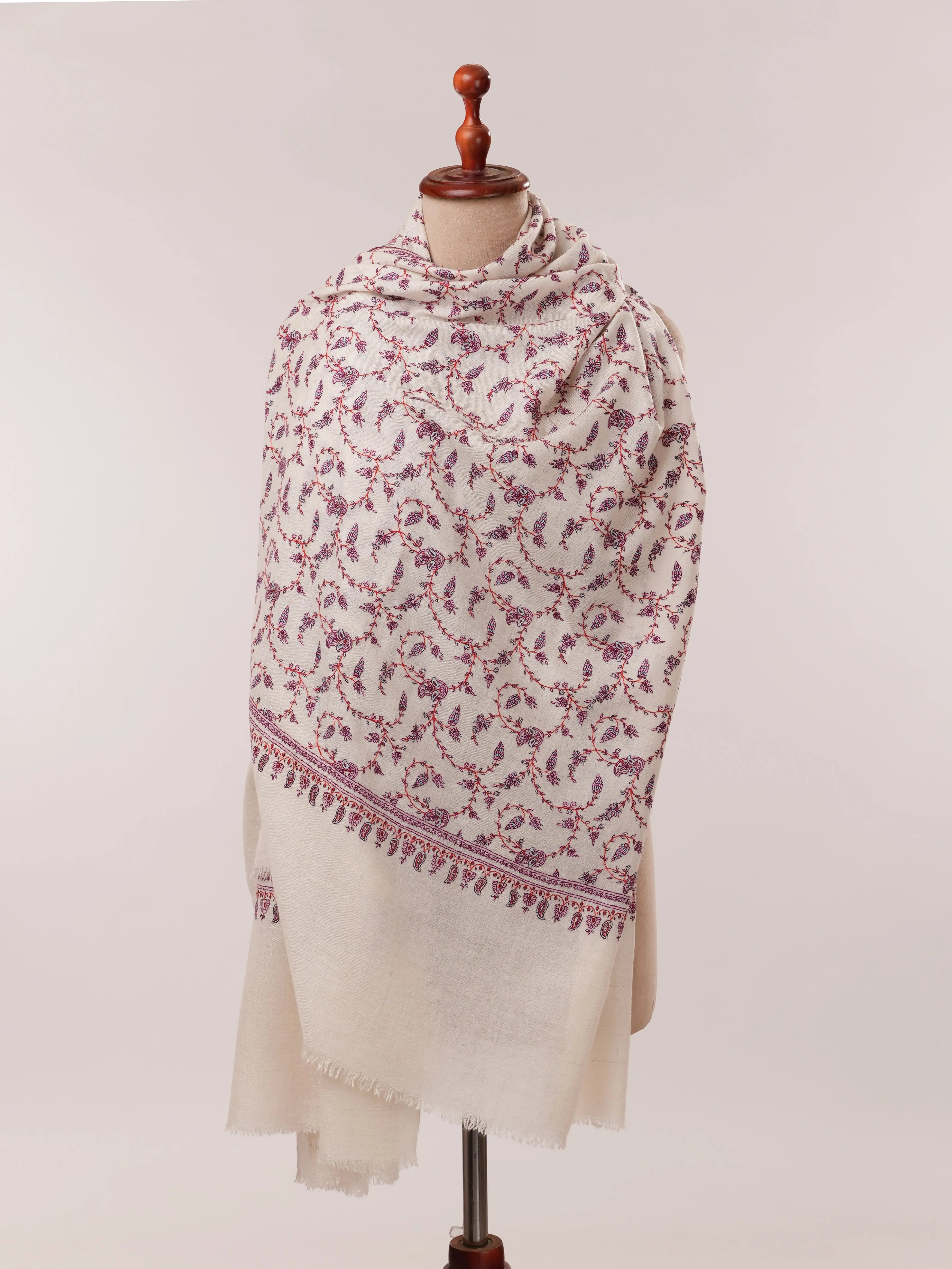 Natural White Pure Pashmina Hand Embroidered Floral Shawl Shahkaar.com