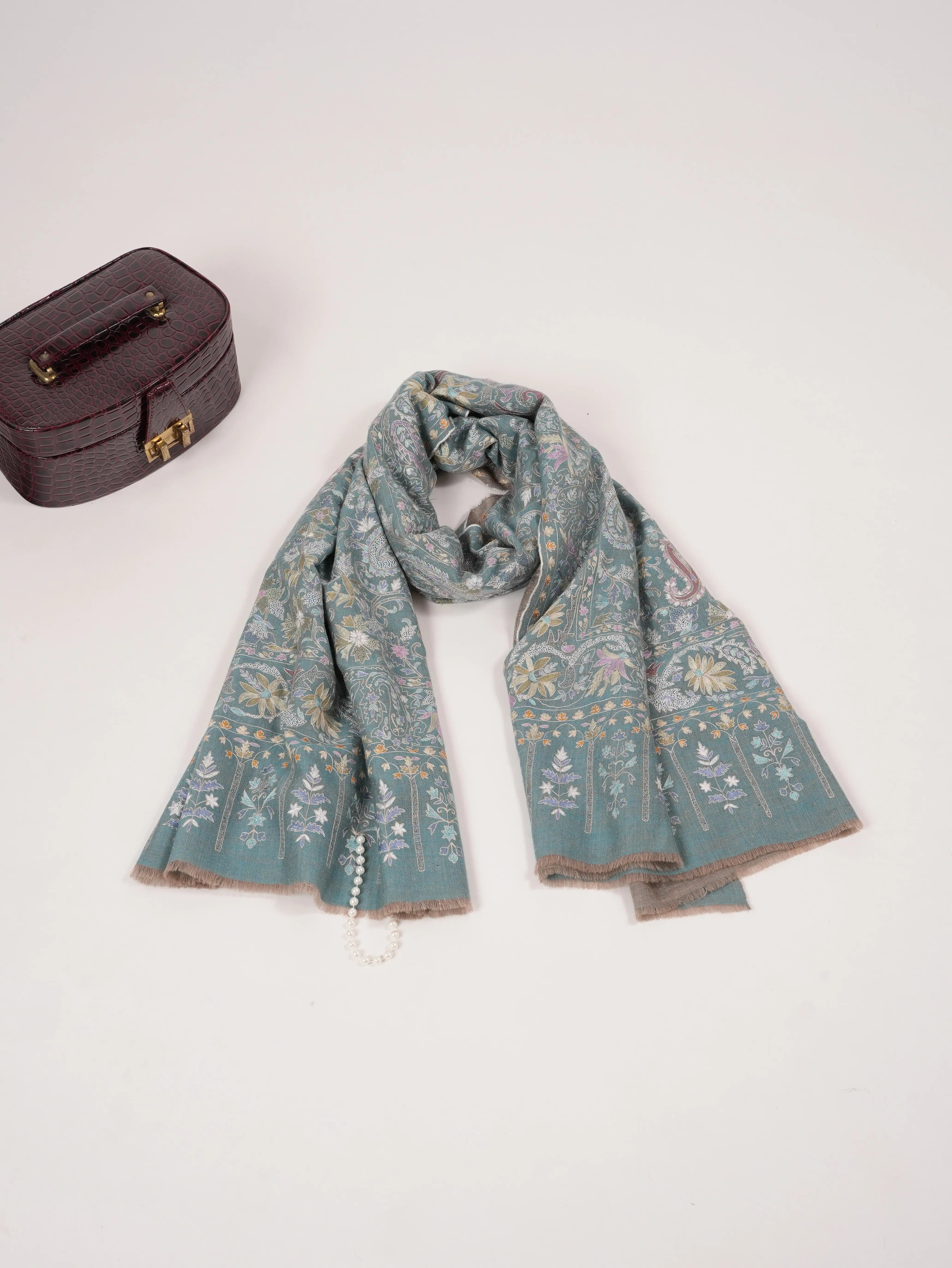 Kalamkari Greenish Handwoven Pashmina Shawl with Hand Embroidery Shahkaar.com