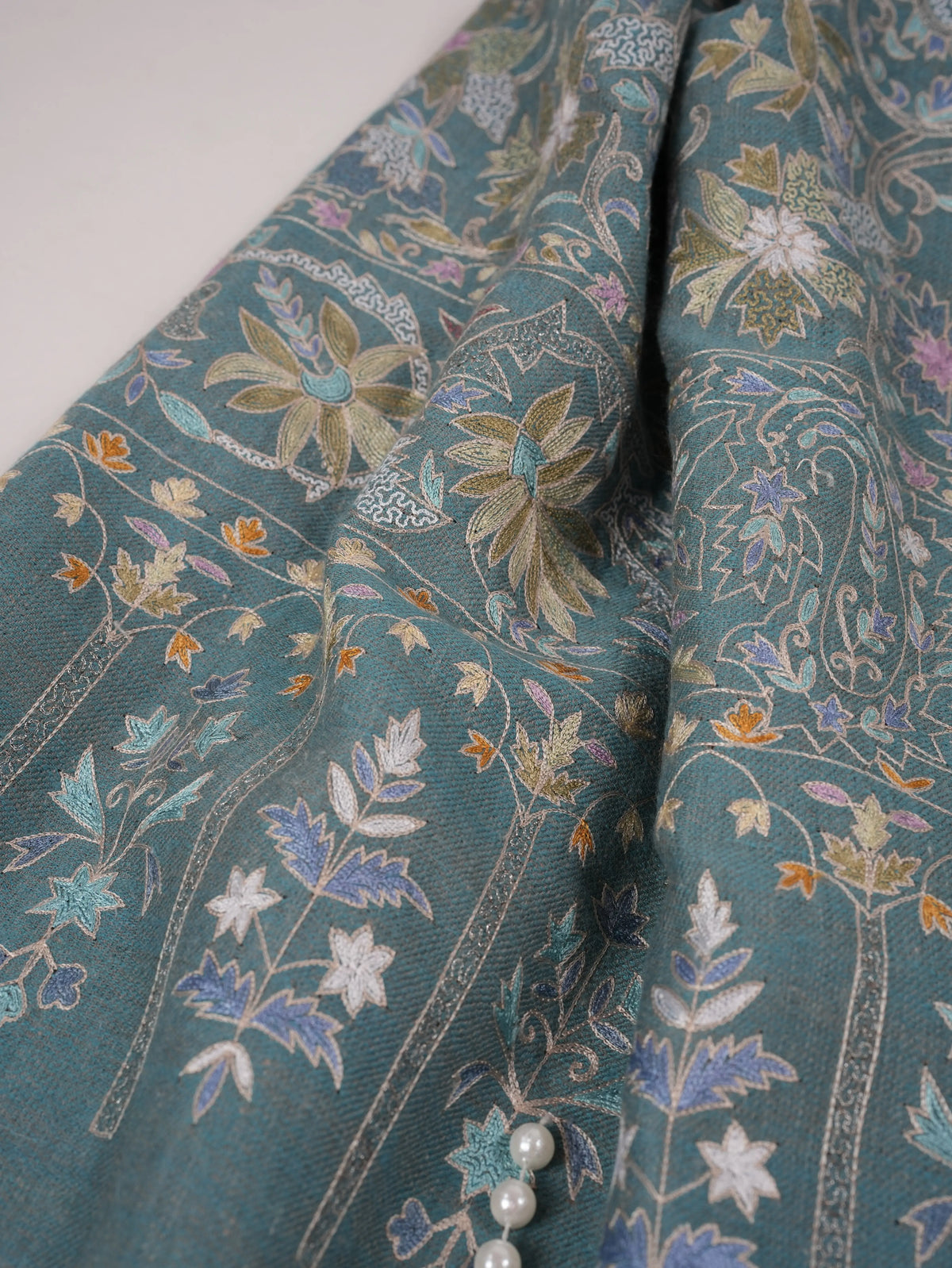 Kalamkari Greenish Handwoven Pashmina Shawl with Hand Embroidery Shahkaar.com