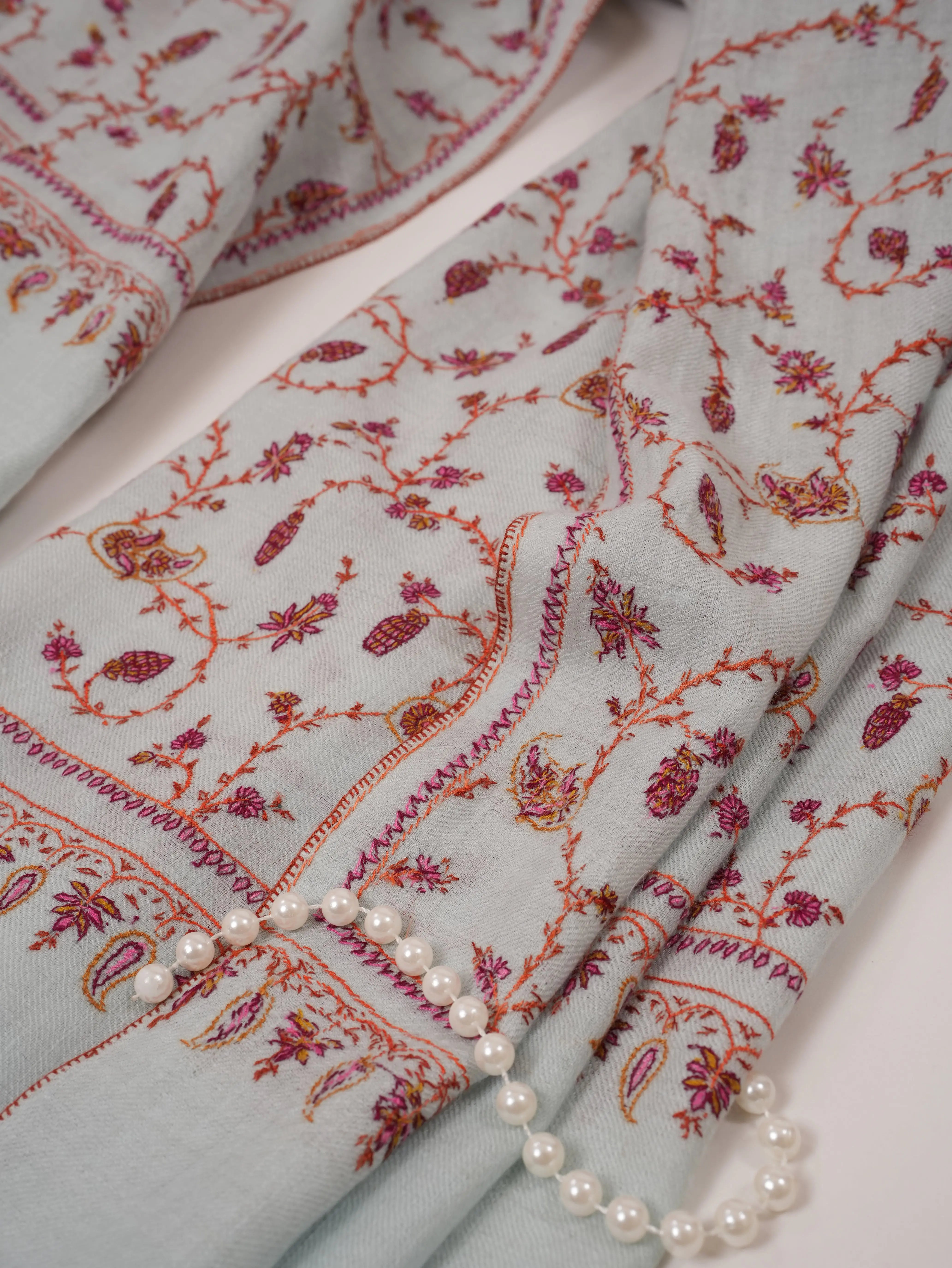 Baby Blue Authentic Pashmina Shawl with Floral Hand Embroidery Shahkaar.com