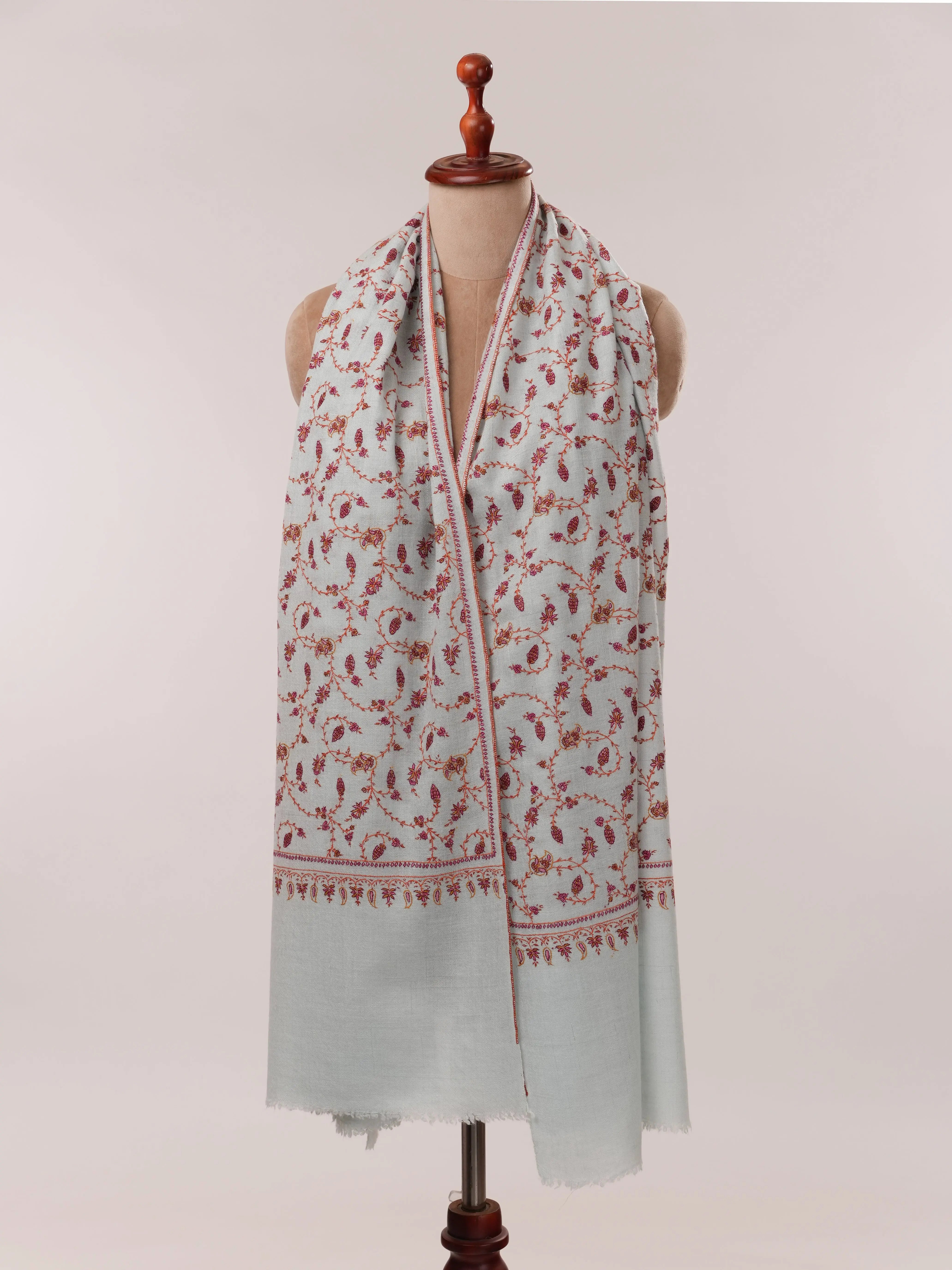 Baby Blue Authentic Pashmina Shawl with Floral Hand Embroidery Shahkaar.com