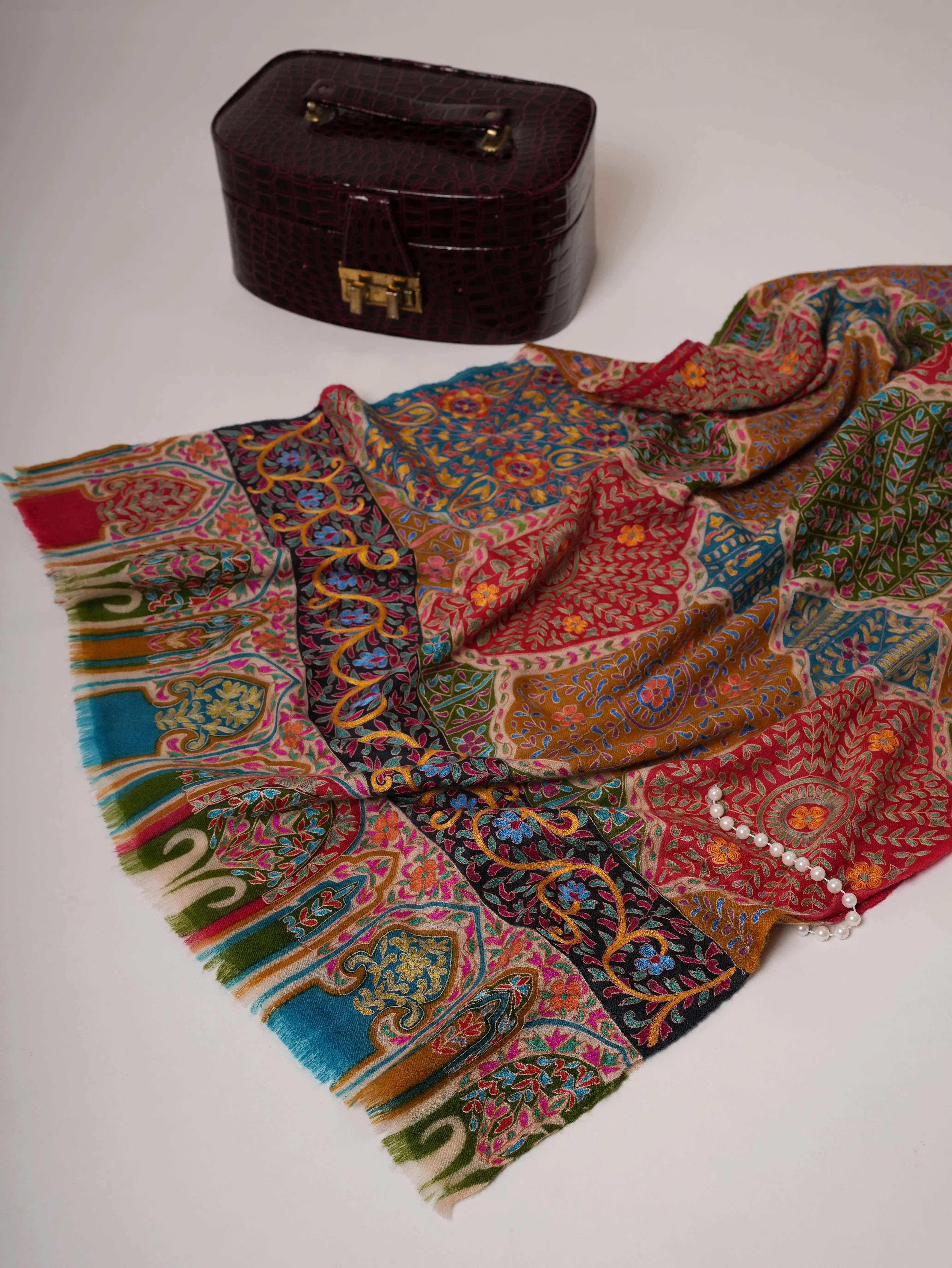 Handpainted Kalamkari Soft Cashmere Scarf with Hook Hand Embroidery Shahkaar