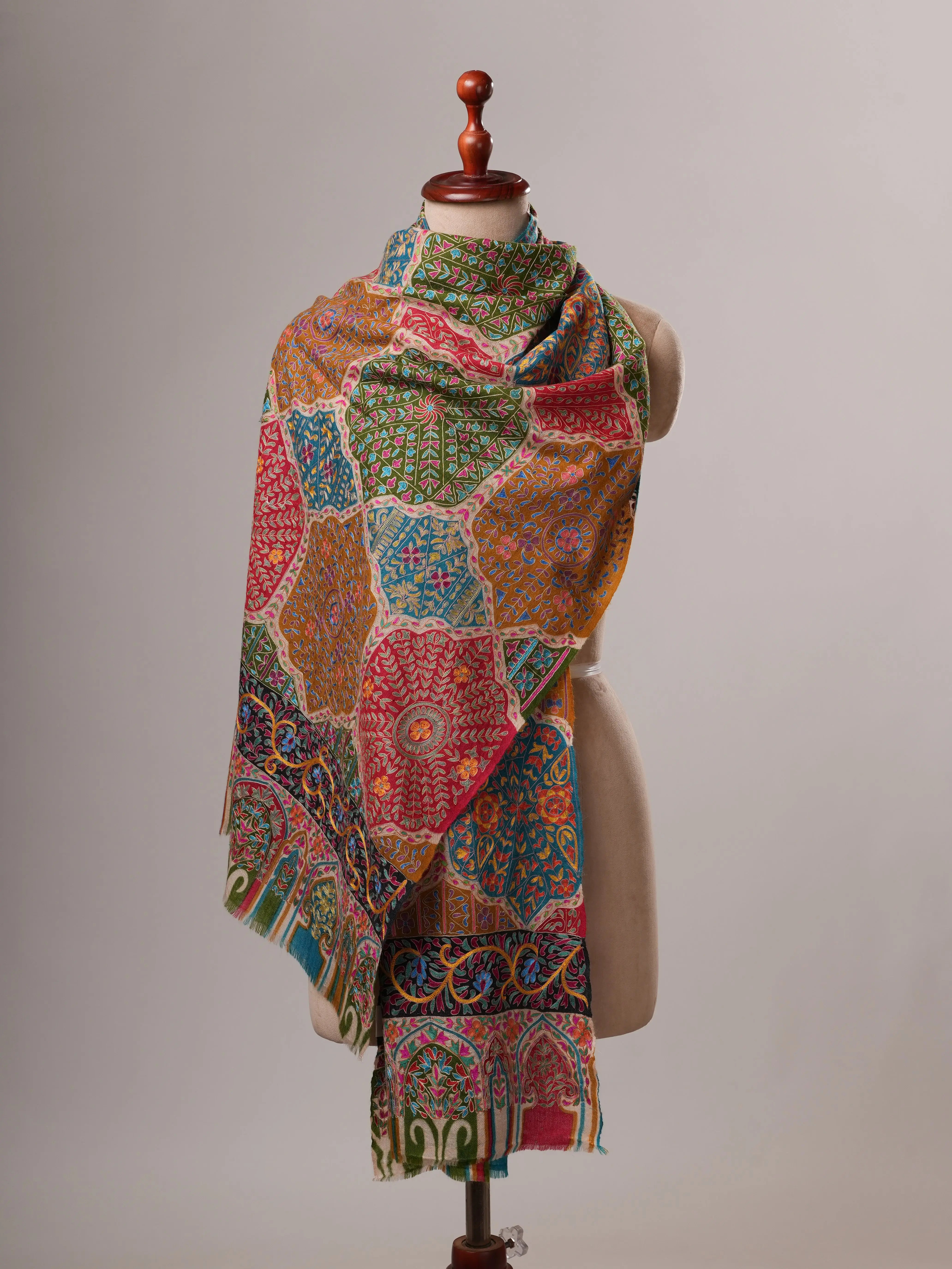 Handpainted Kalamkari Soft Cashmere Scarf with Hook Hand Embroidery Shahkaar