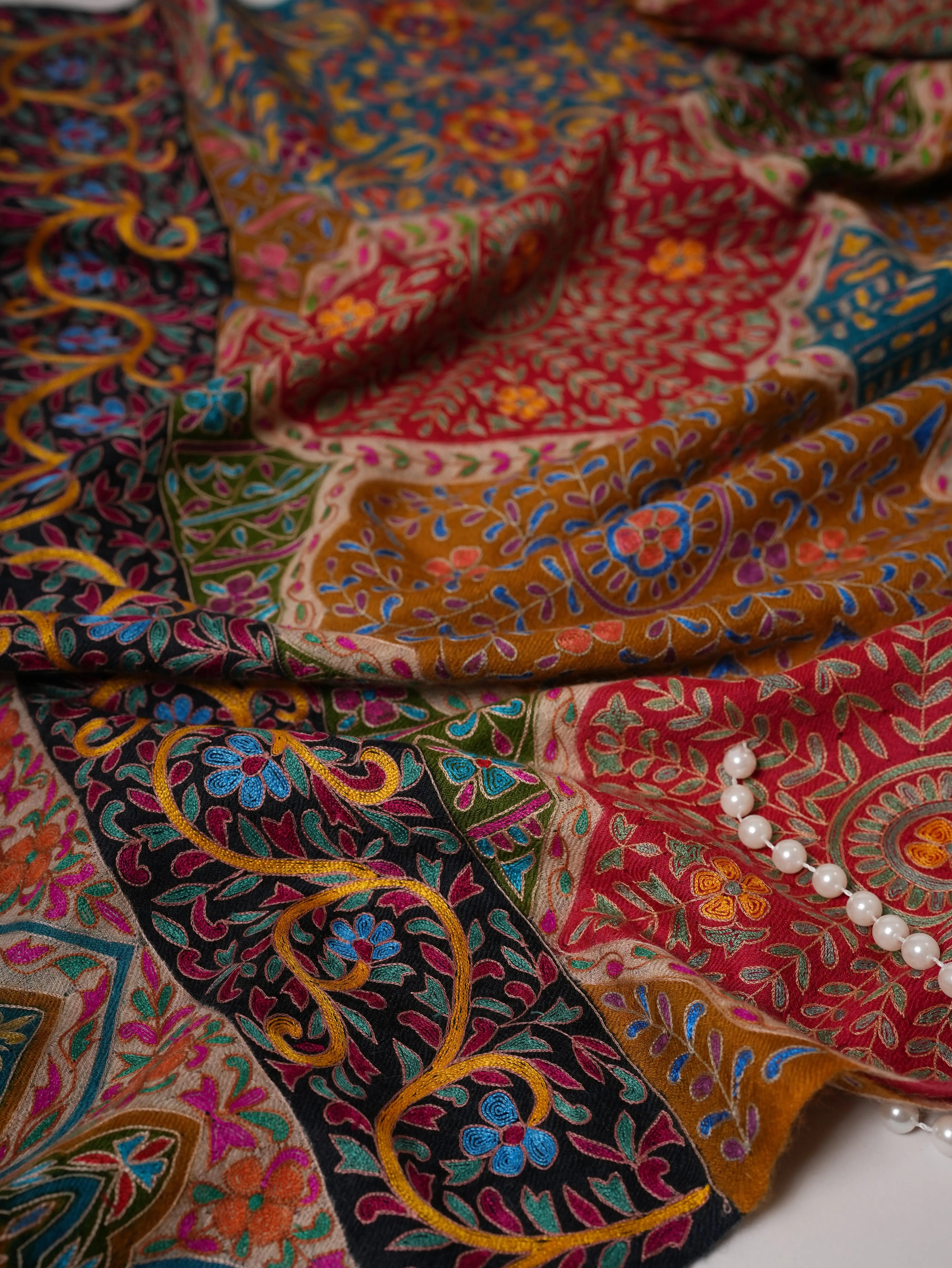 Handpainted Kalamkari Soft Cashmere Scarf with Hook Hand Embroidery Shahkaar