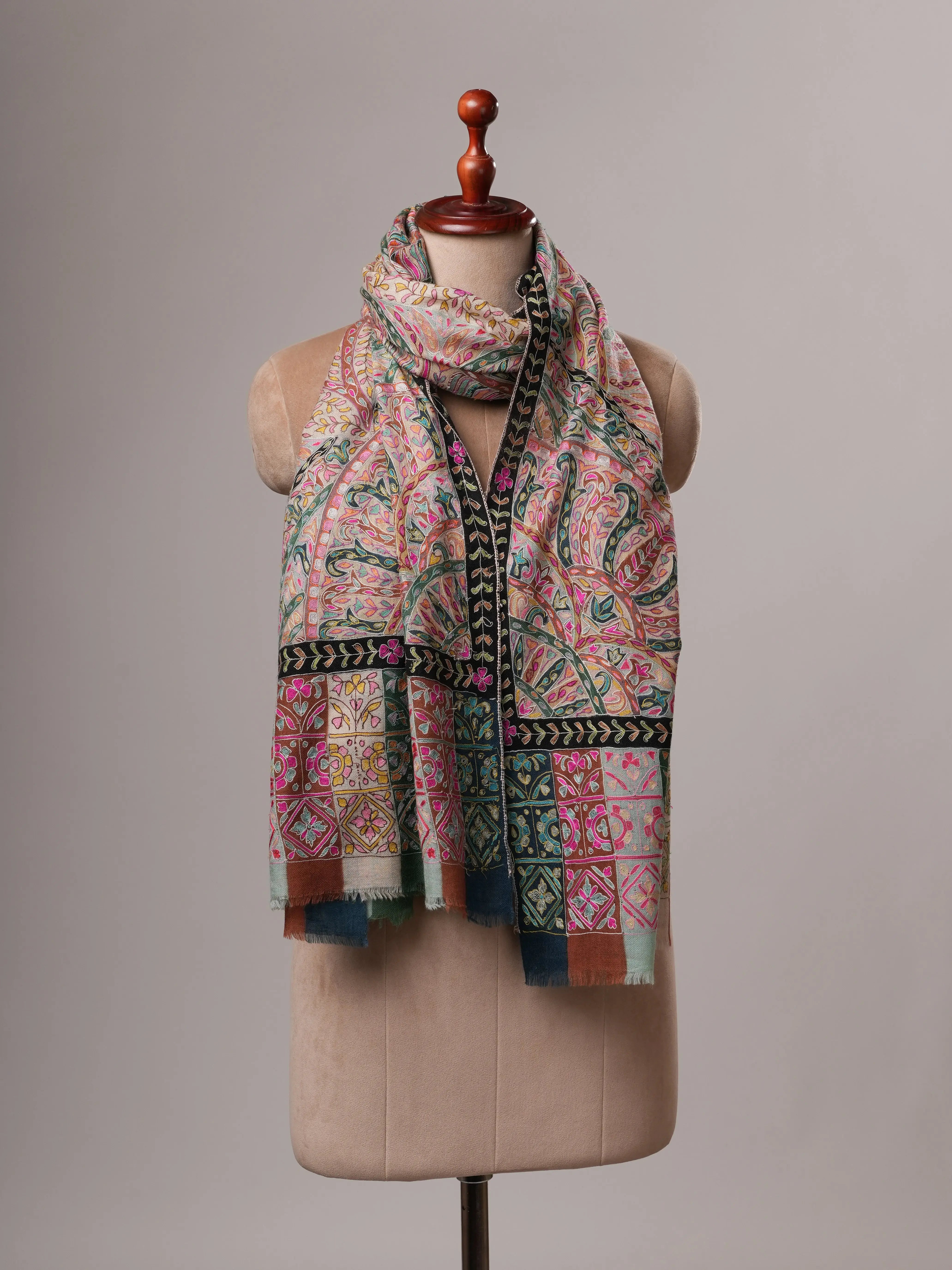 Soft Cashmere Scarf with Handpainted Design and Hook Embroidery Shahkaar
