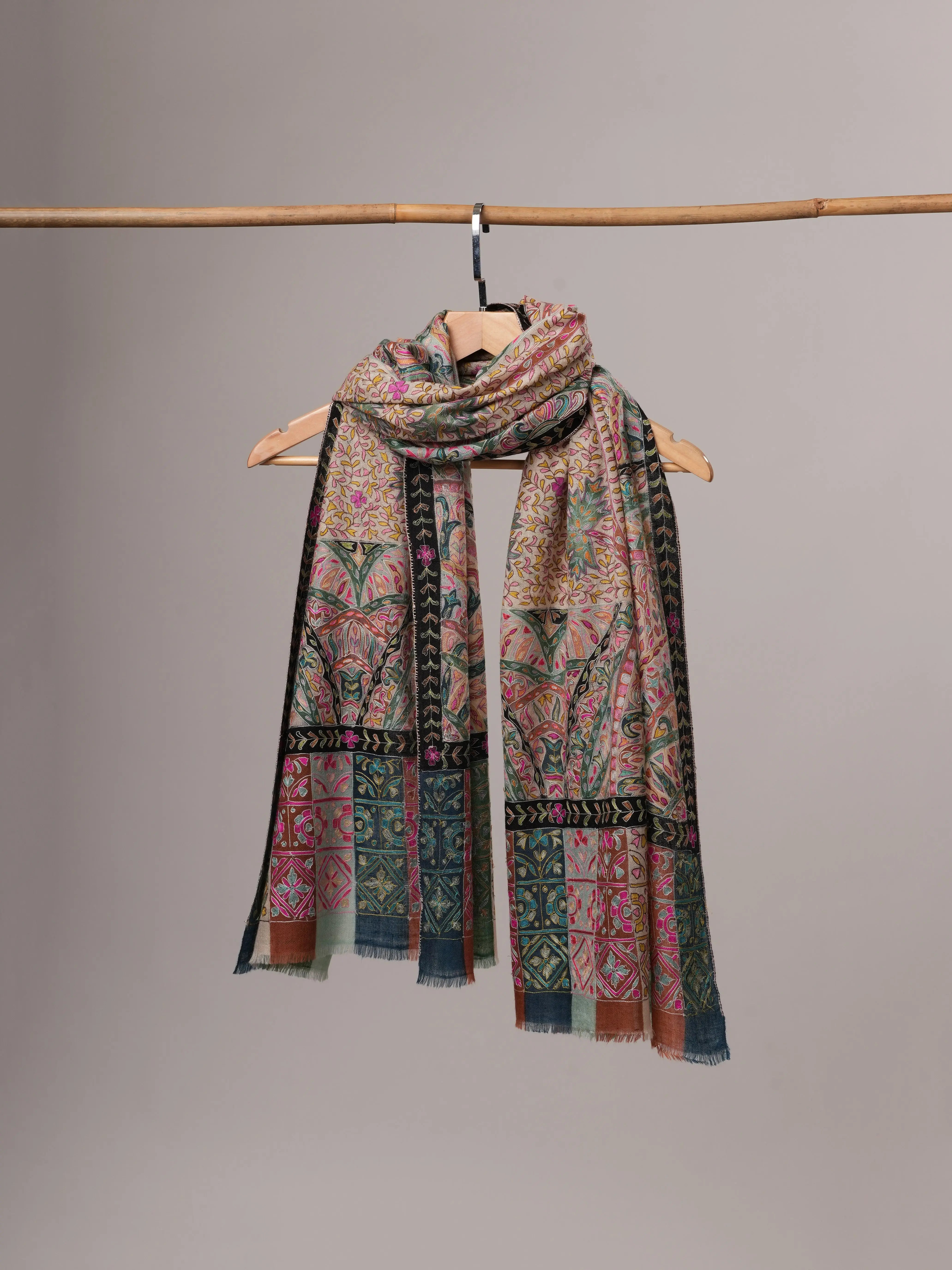 Soft Cashmere Scarf with Handpainted Design and Hook Embroidery Shahkaar