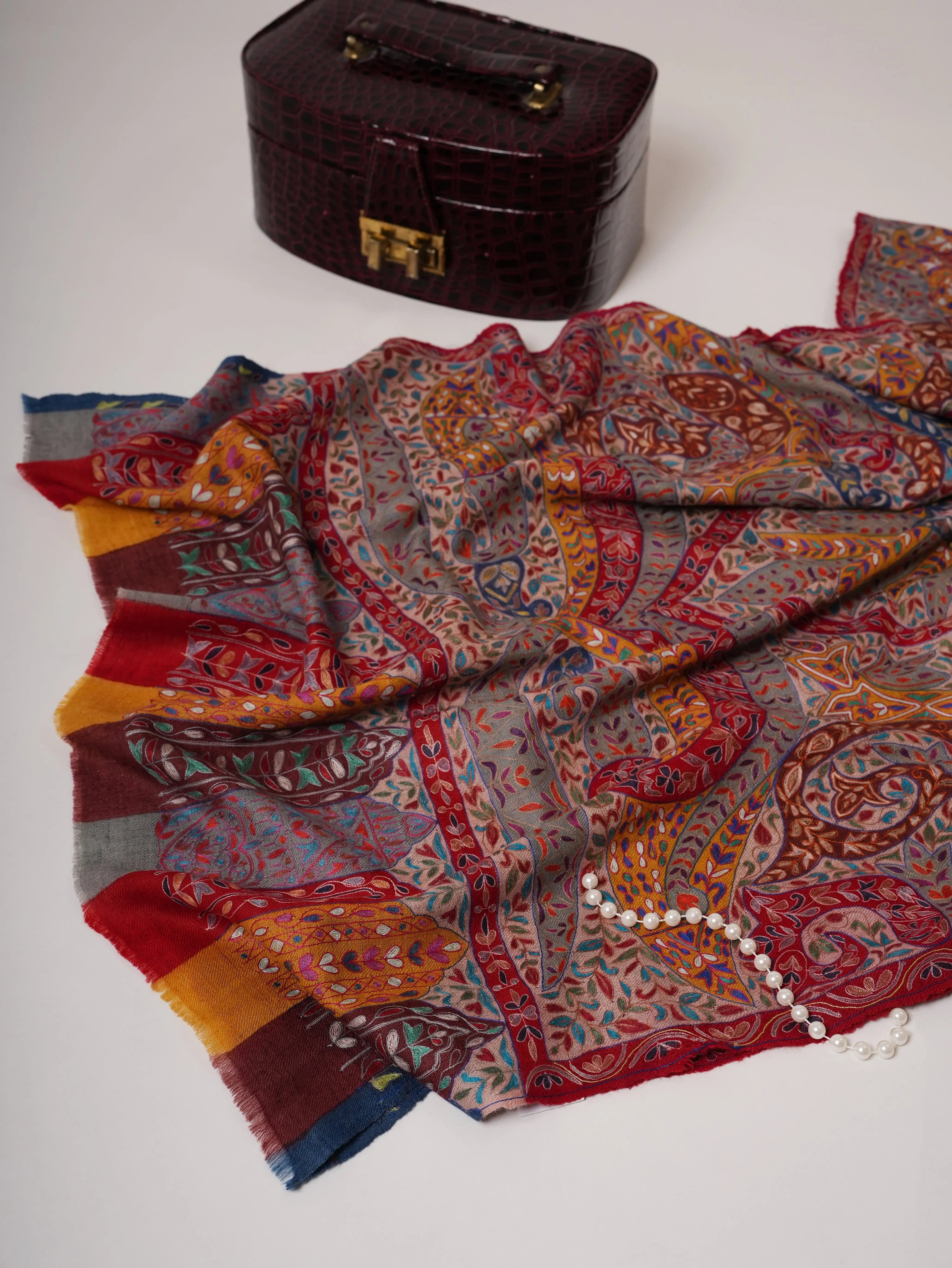 Handloomed Handpainted Kalamkari Cashmere Scarf with Hook Embroidery Shahkaar