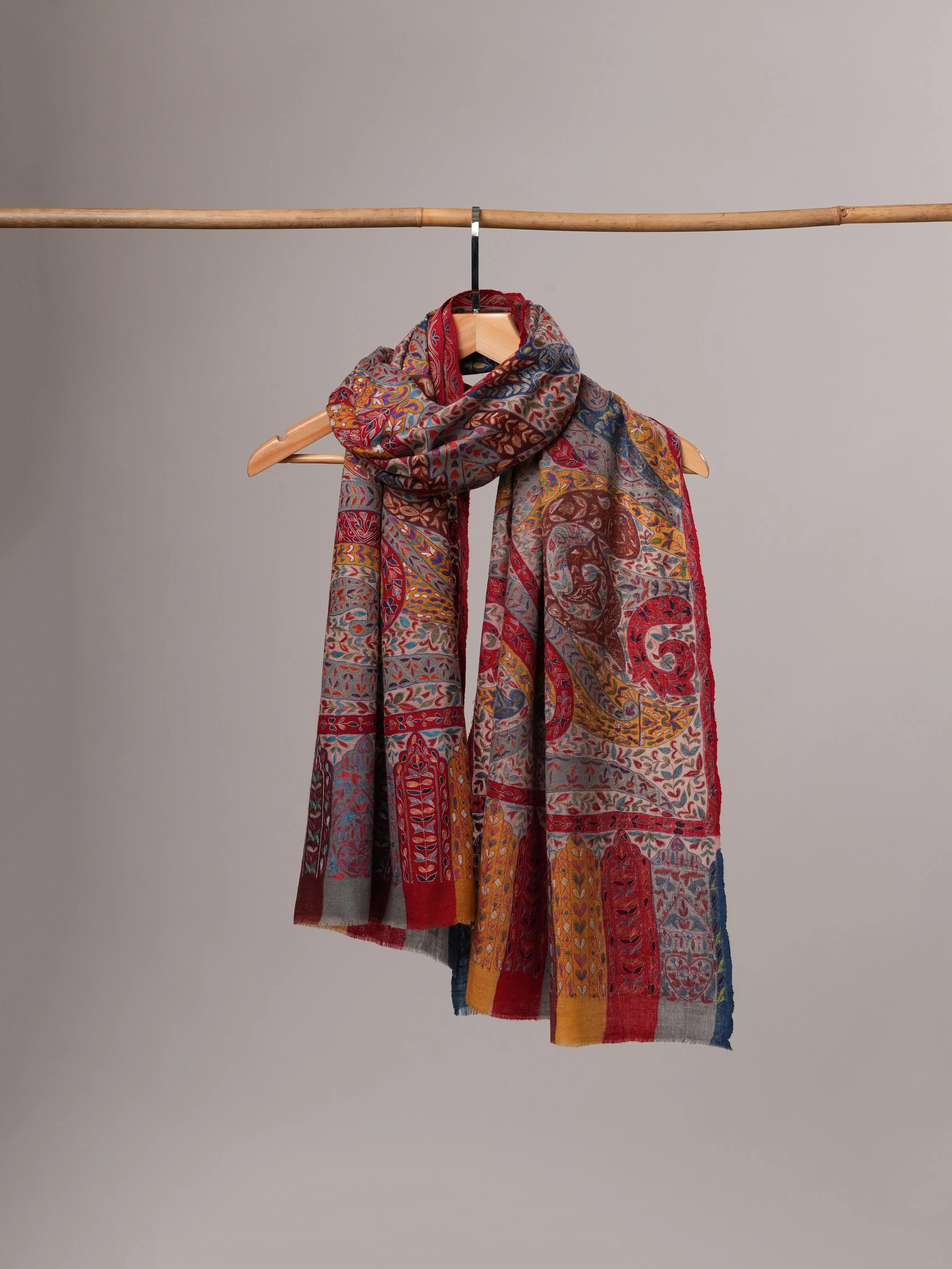 Handloomed Handpainted Kalamkari Cashmere Scarf with Hook Embroidery Shahkaar