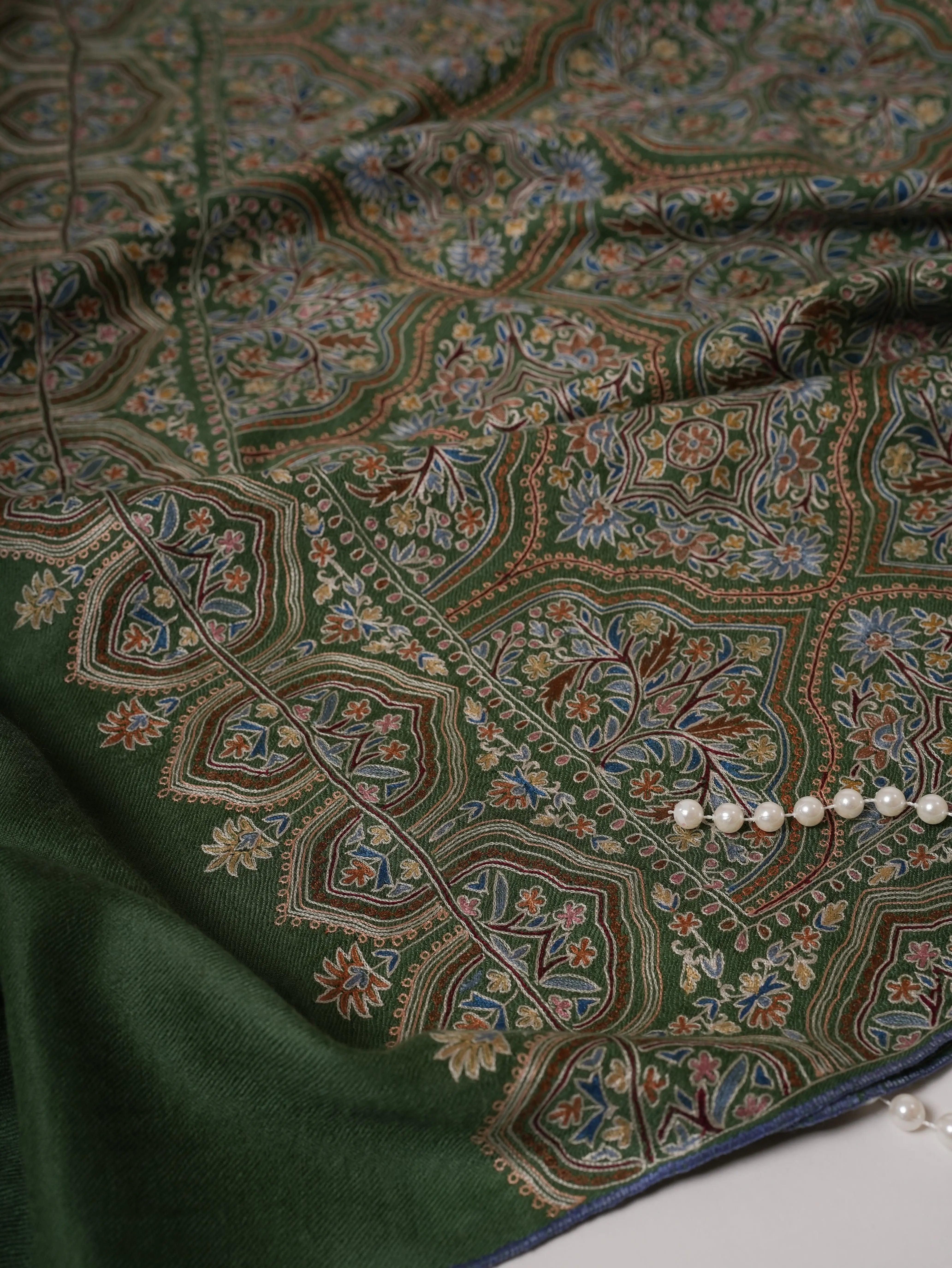 Green Hand Hook Embroidered Jali Cashmere Scarf Shahkaar