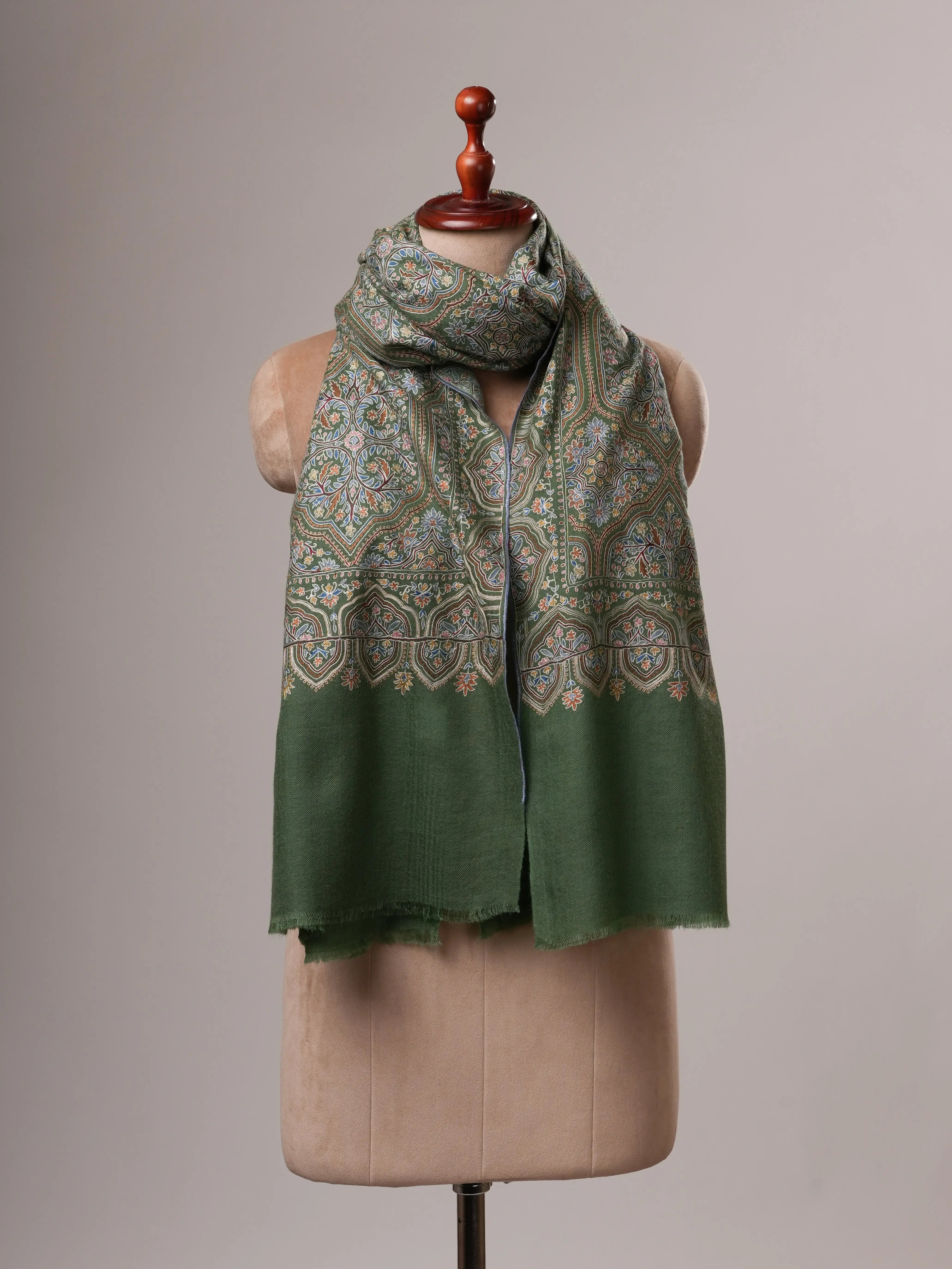 Green Hand Hook Embroidered Jali Cashmere Scarf Shahkaar