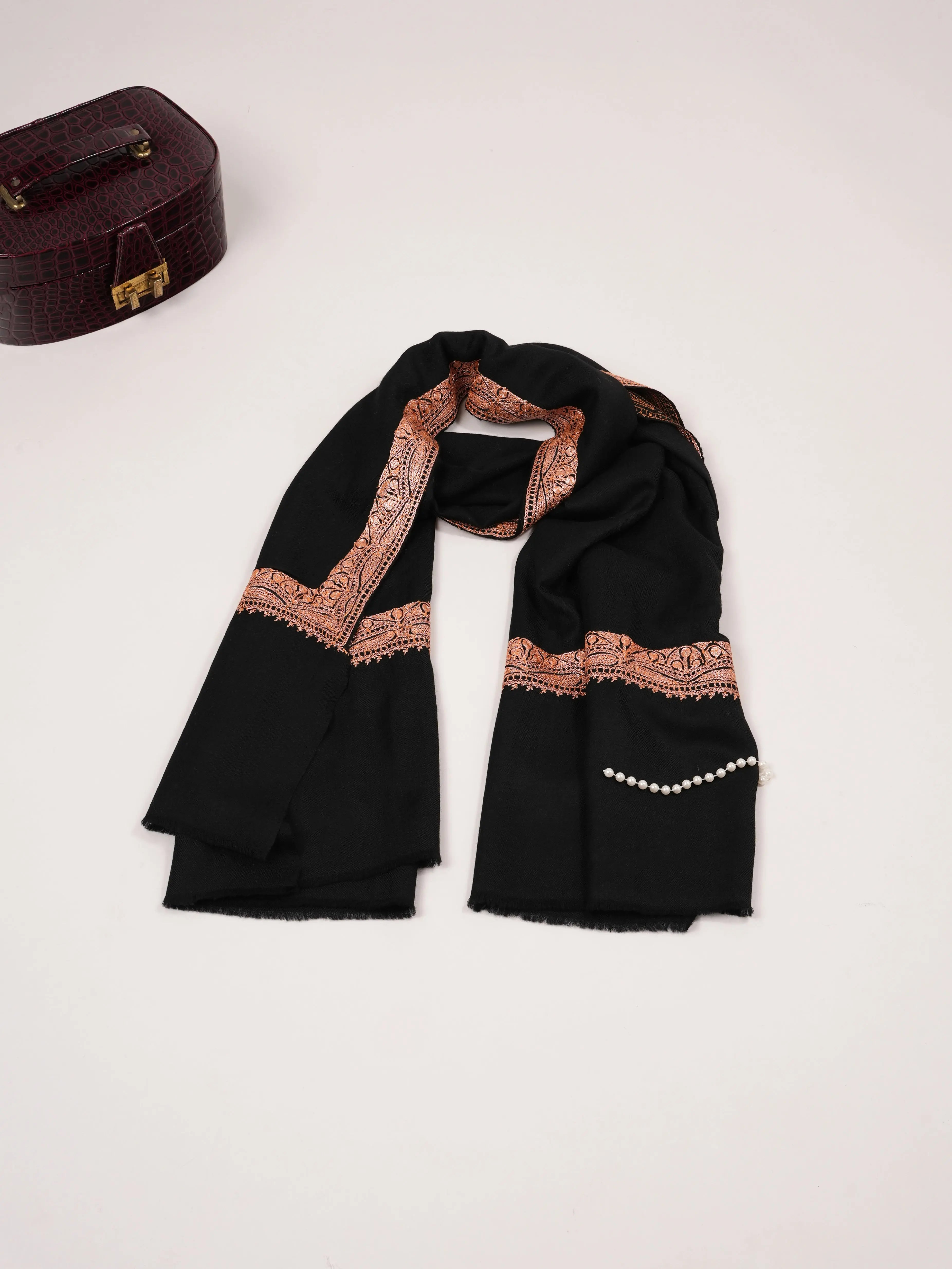 Hand Tilla Embroidery Black Pure Wool Soft Shawl Shahkaar.com