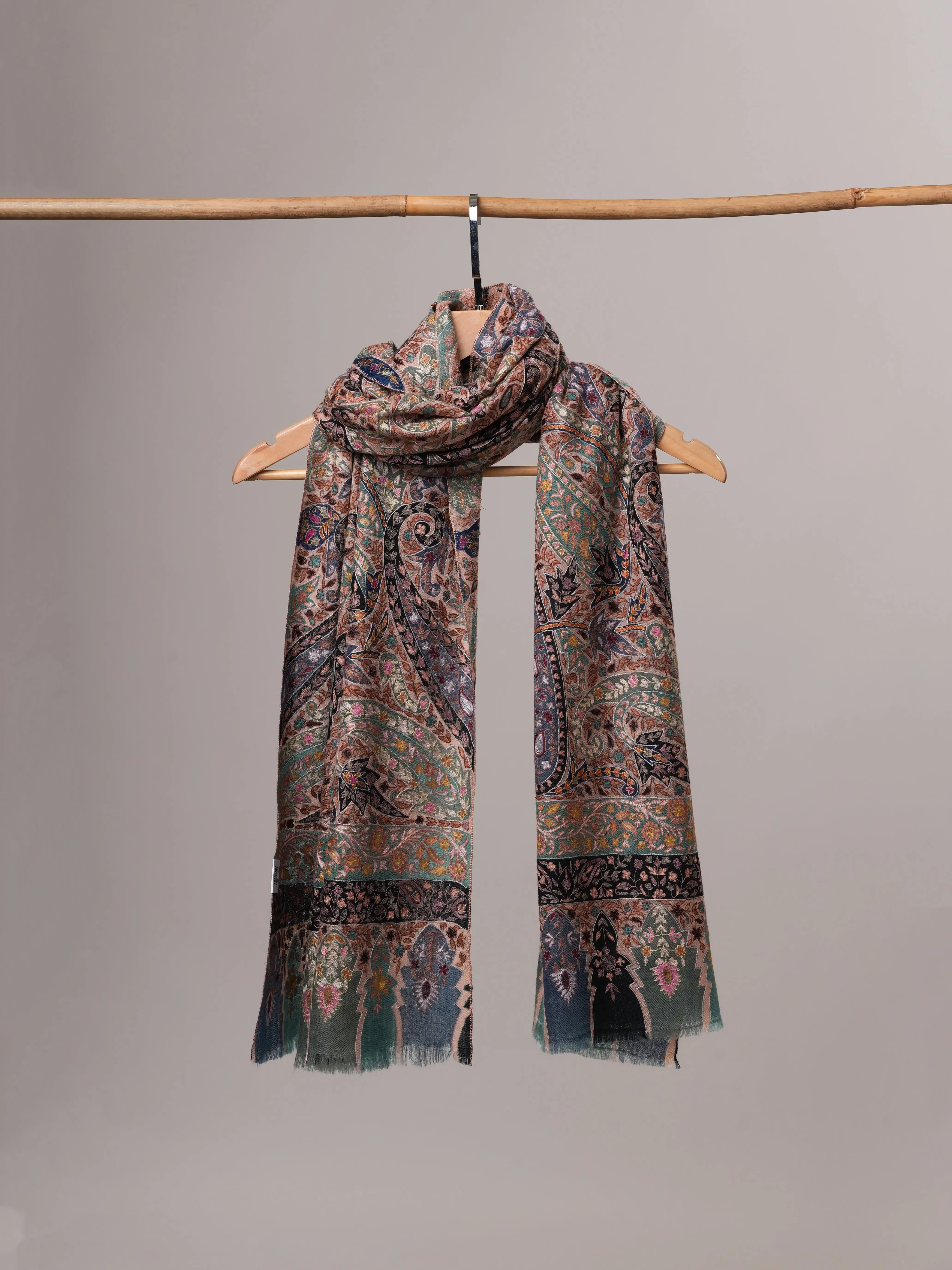 Handpainted Baby Soft Cashmere Scarf with Hook Hand Embroidery Shahkaar