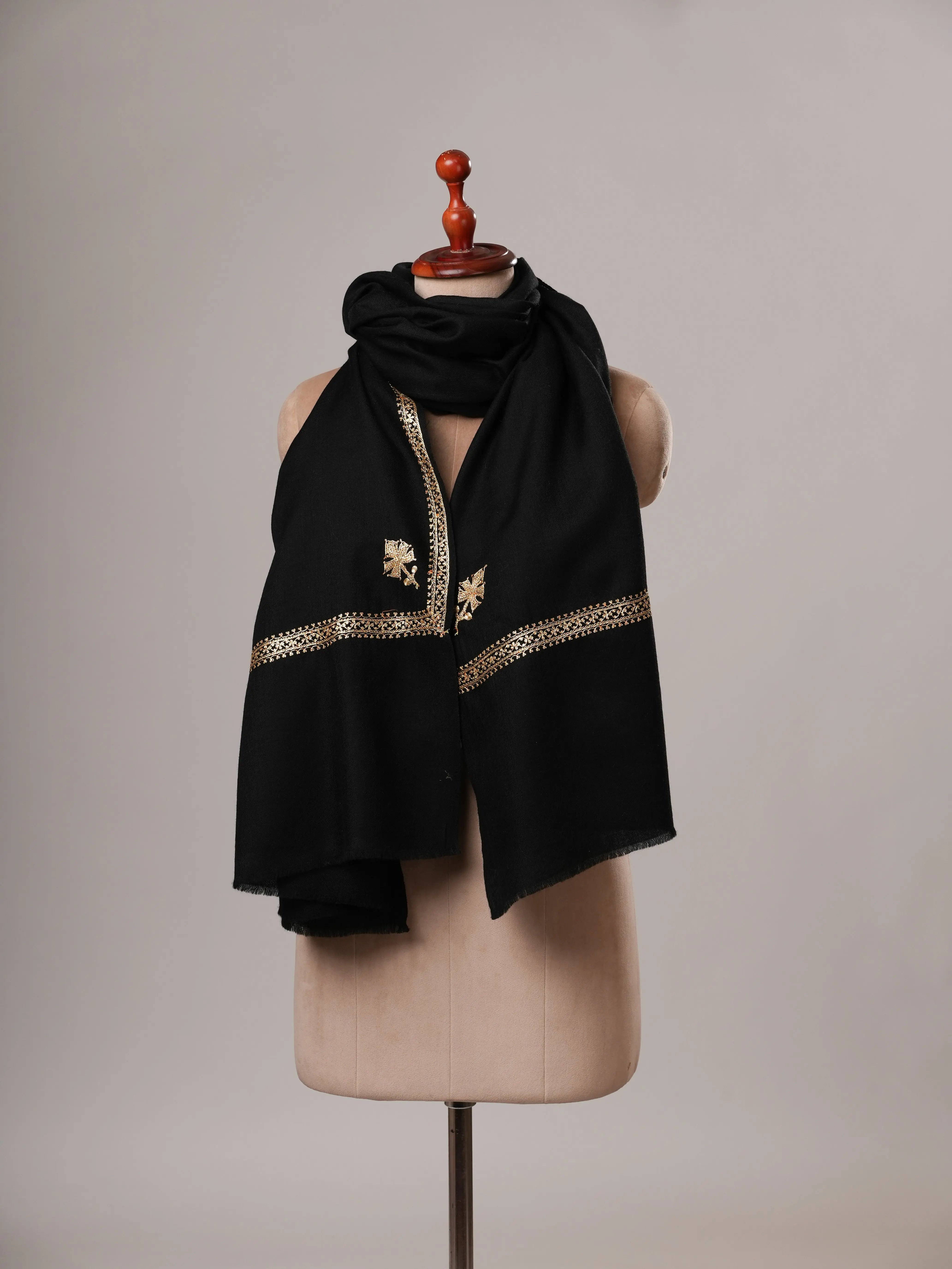 Black Hashia Hand Embroidered Soft Wool Shawl with Golden Tilla Shahkaar