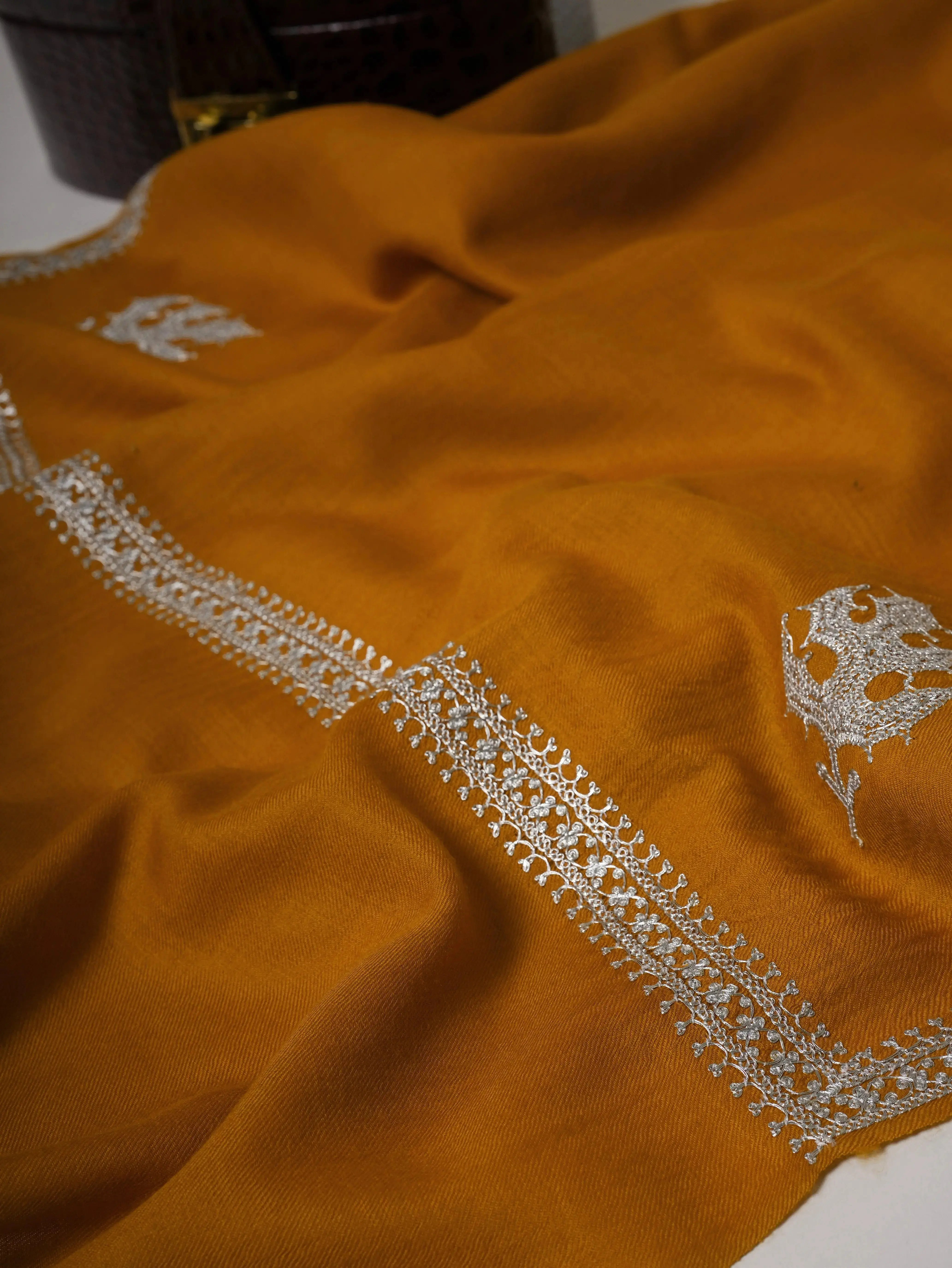 Mustard Hashia Tilla Hand Embroidered Fine Wool Shawl Shahkaar