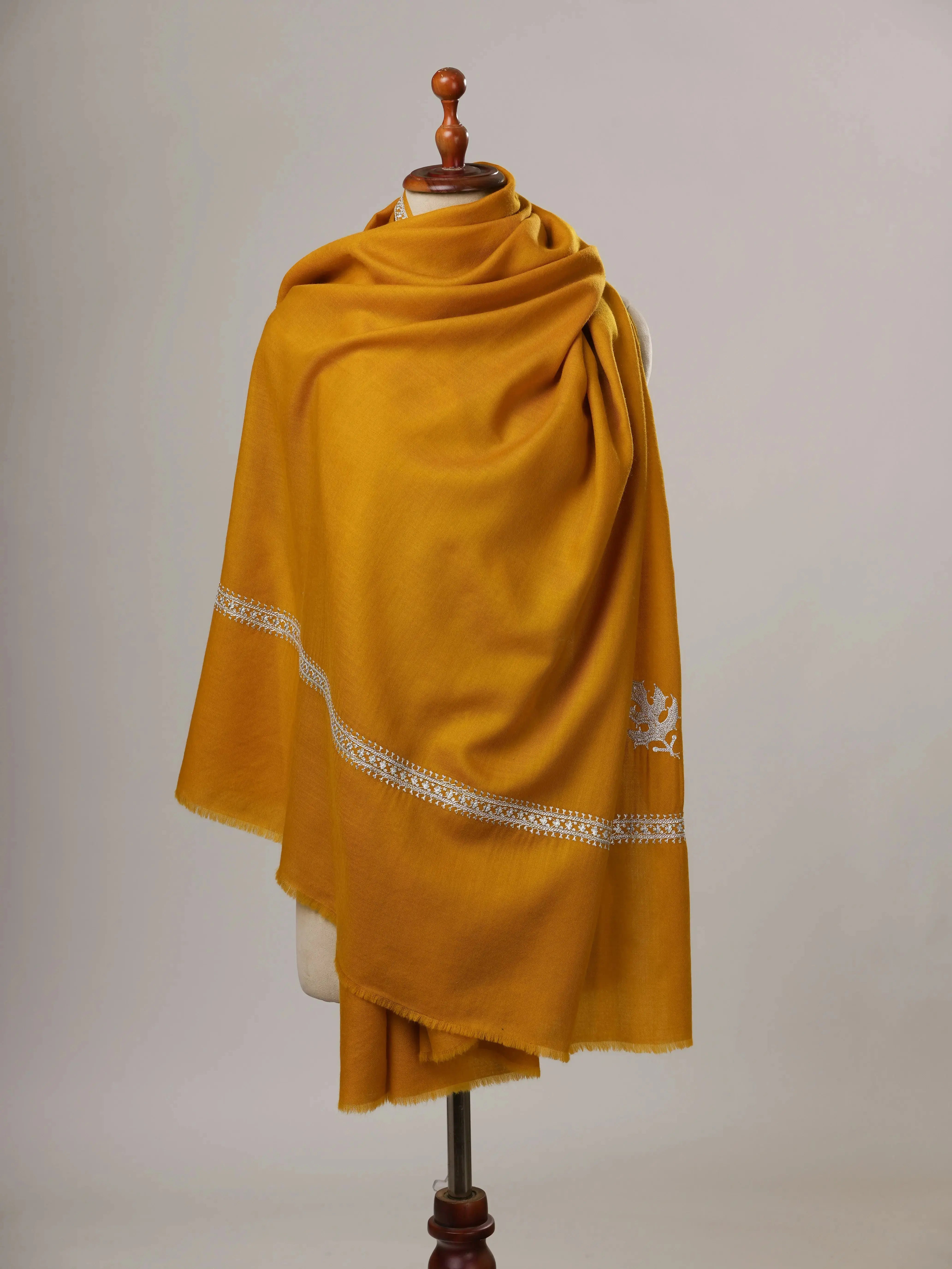 Mustard Hashia Tilla Hand Embroidered Fine Wool Shawl Shahkaar