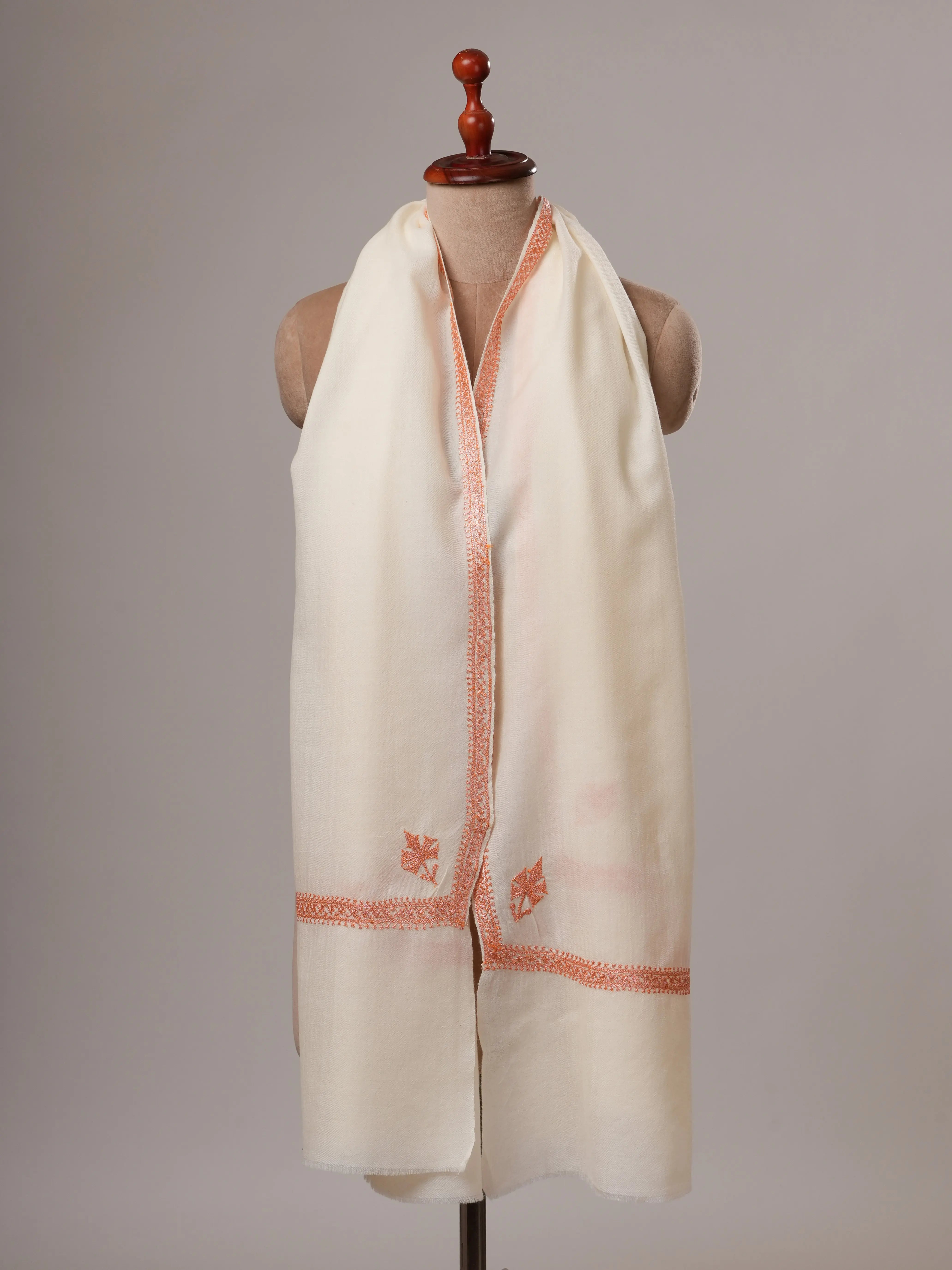 White Fine Wool Hashia Hand Embroidered Shawl Shahkaar