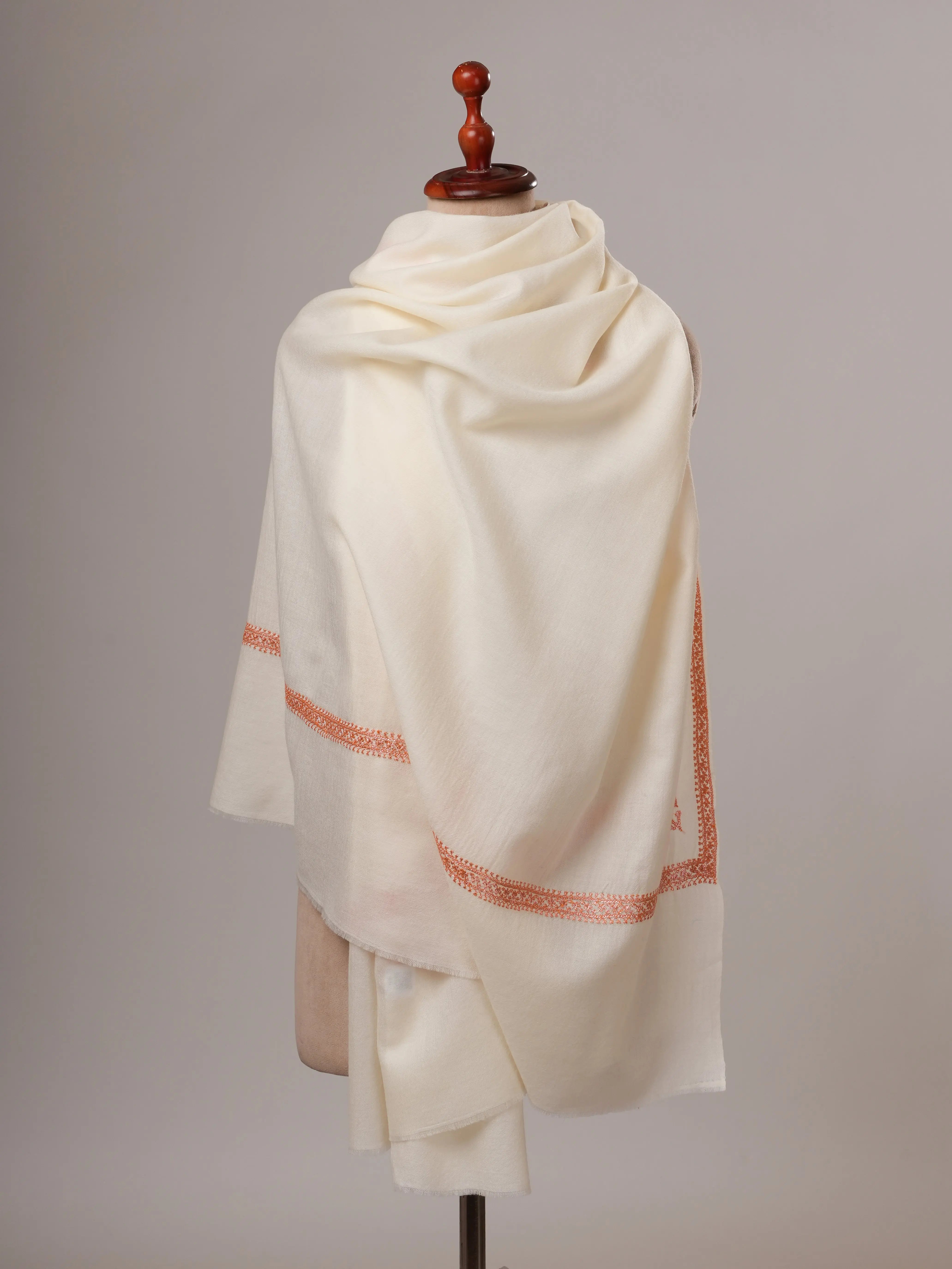 White Fine Wool Hashia Hand Embroidered Shawl Shahkaar