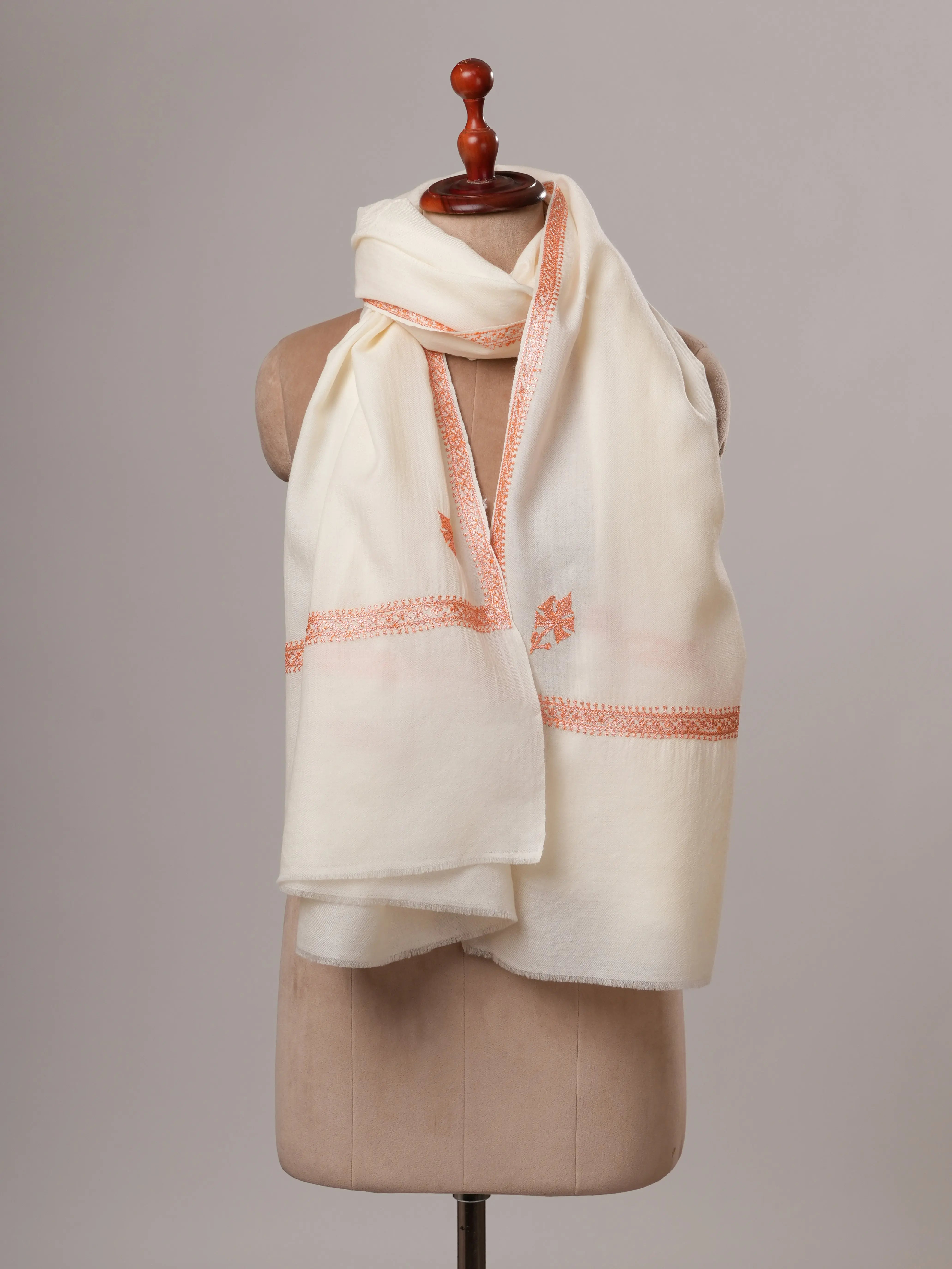 White Fine Wool Hashia Hand Embroidered Shawl Shahkaar