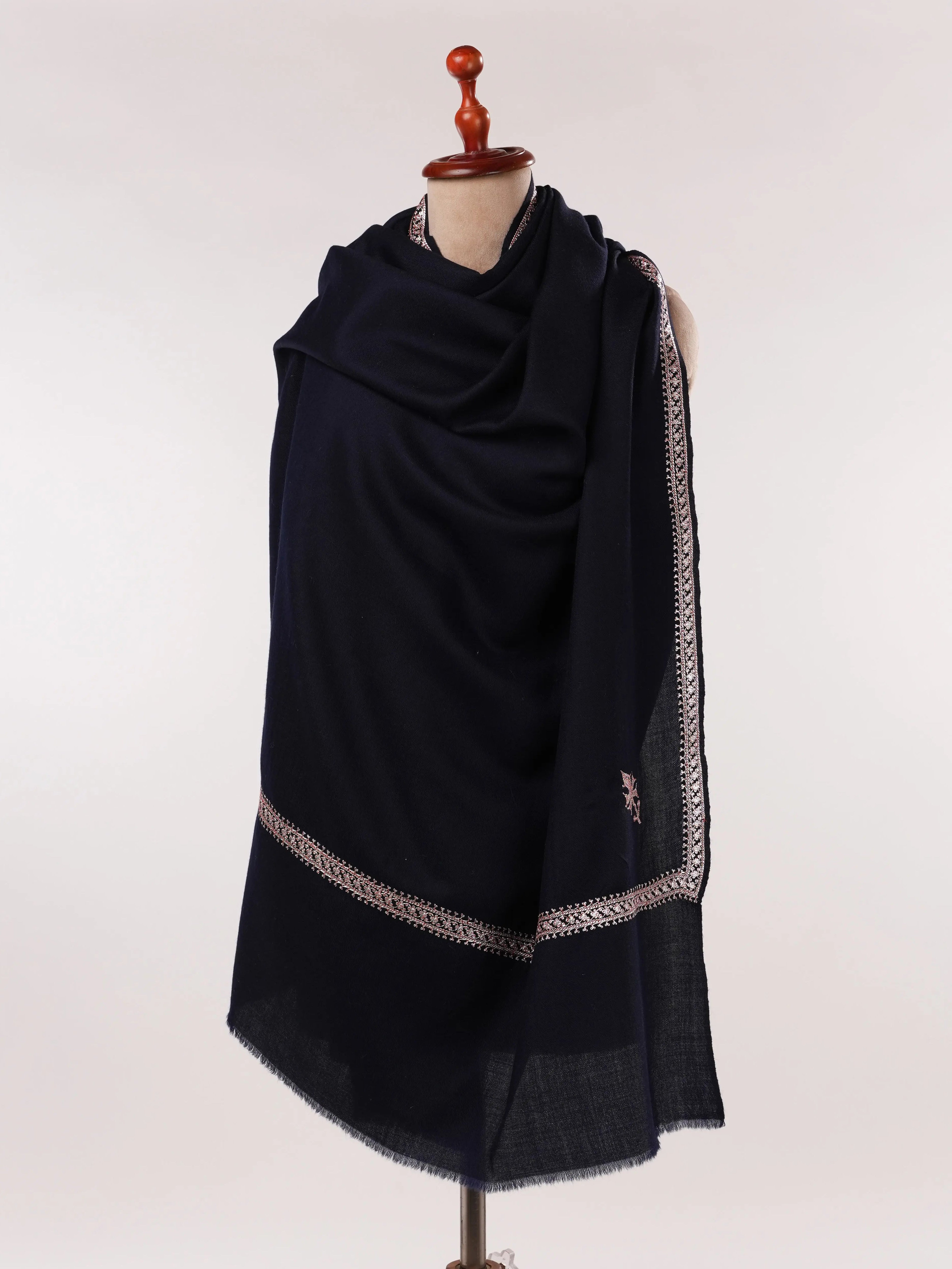 Baildar Hand Tilla Embroidered Dark Blue Authentic Fine Wool Shawl Shahkaar.com