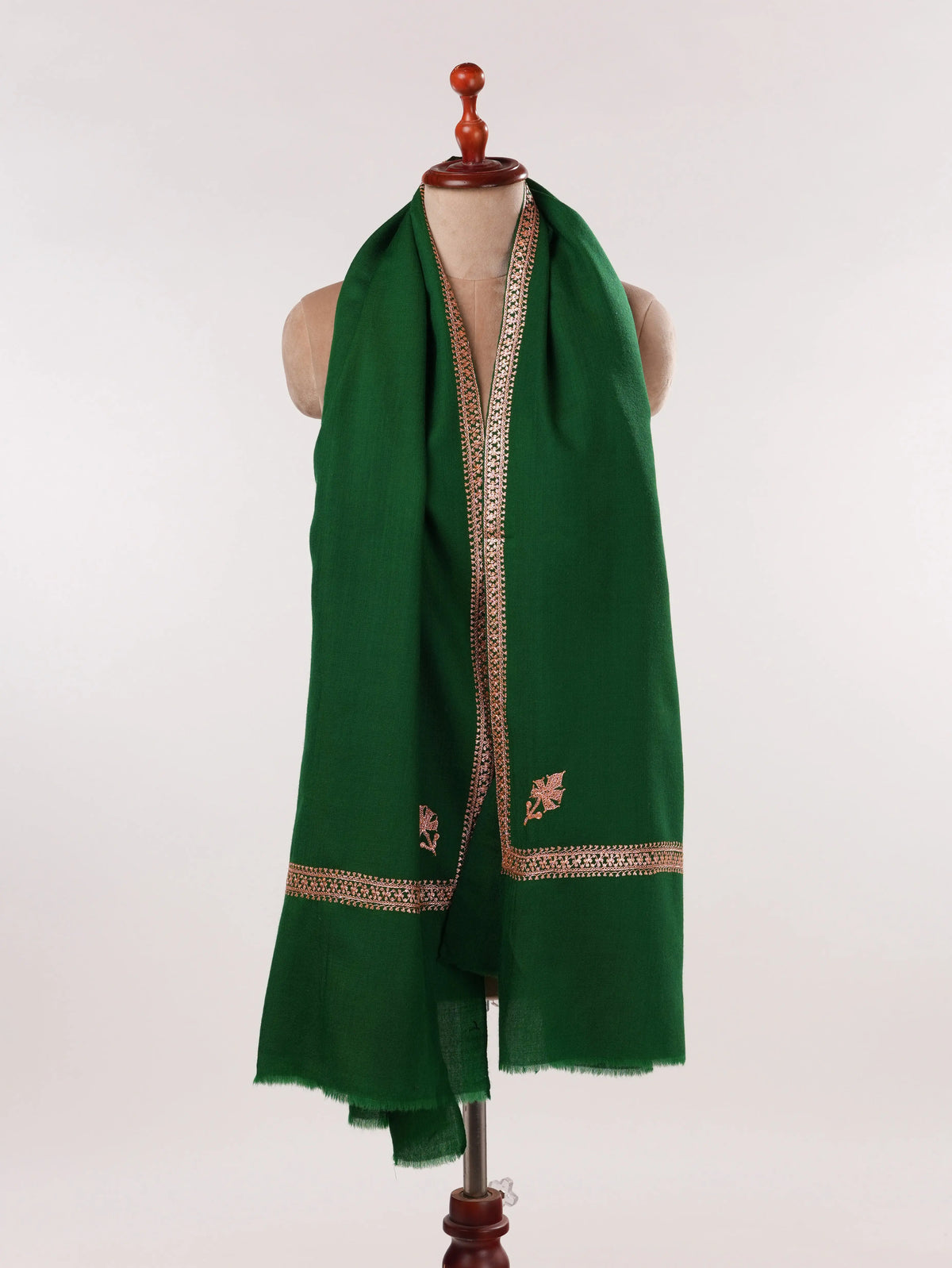 Emerald Green Fine Wool Shawl with Baildar Hand Tilla Embroidery Shahkaar.com
