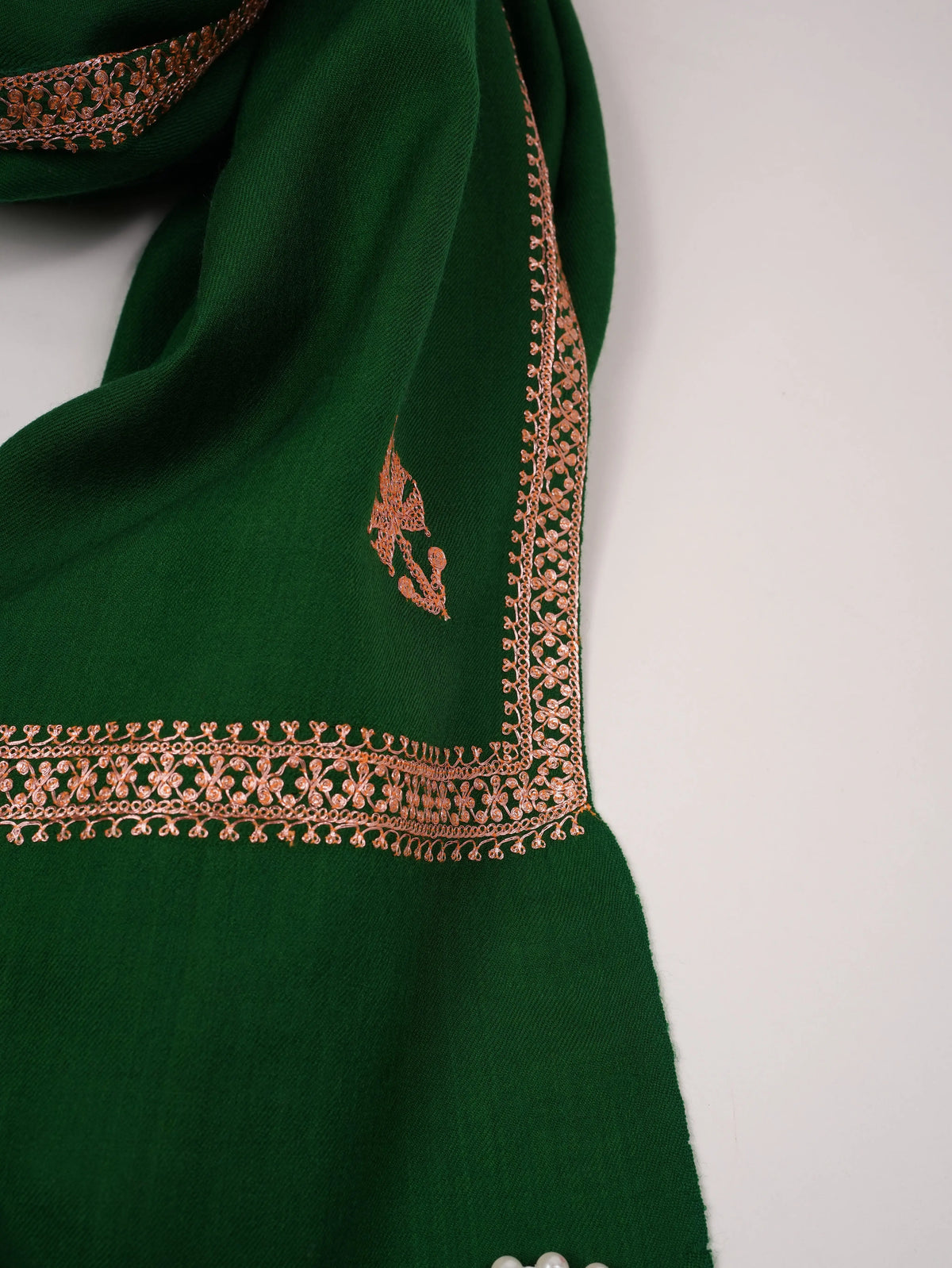 Emerald Green Fine Wool Shawl with Baildar Hand Tilla Embroidery Shahkaar.com