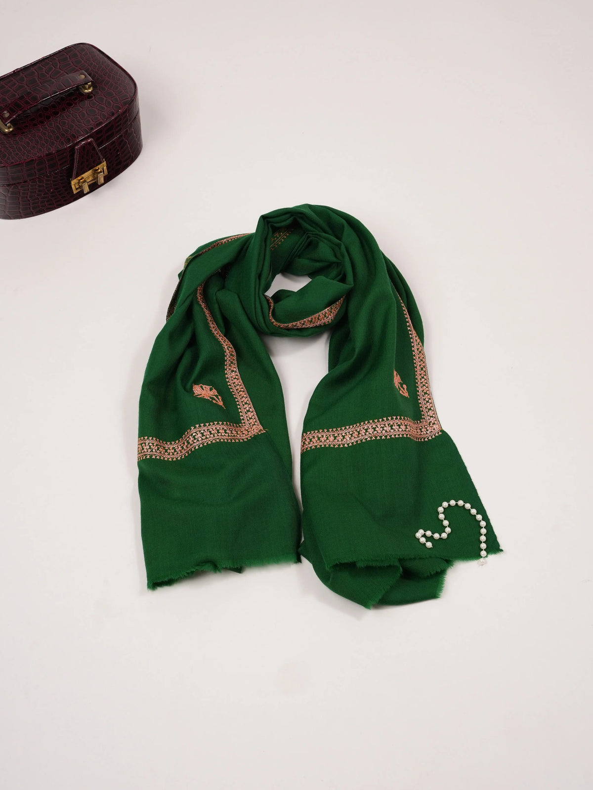 Emerald Green Fine Wool Shawl with Baildar Hand Tilla Embroidery Shahkaar.com
