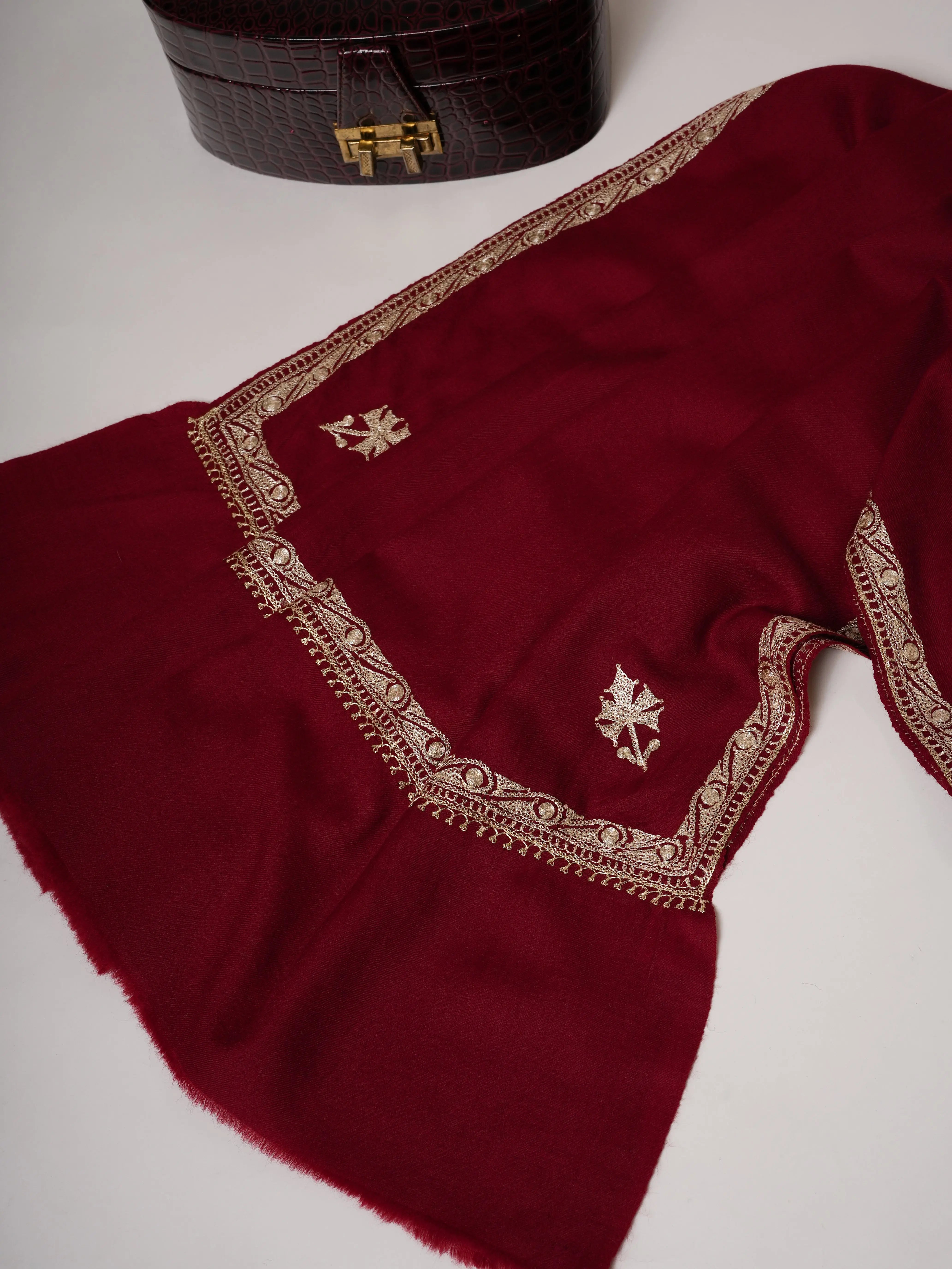 Maroon Hashia Tilla Hand Embroidered Fine Wool Kashmiri Shawl Shahkaar
