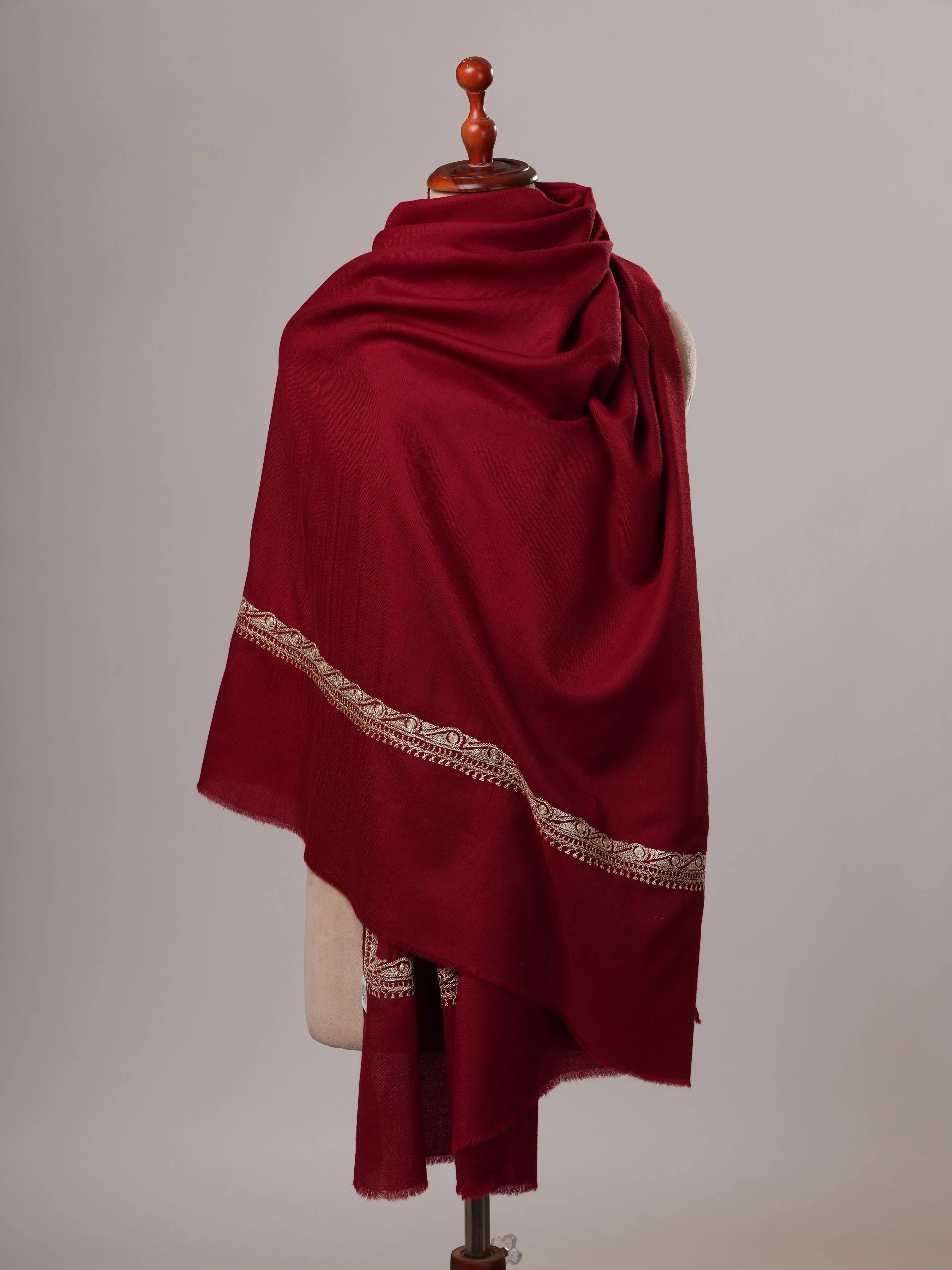 Maroon Hashia Tilla Hand Embroidered Fine Wool Kashmiri Shawl Shahkaar