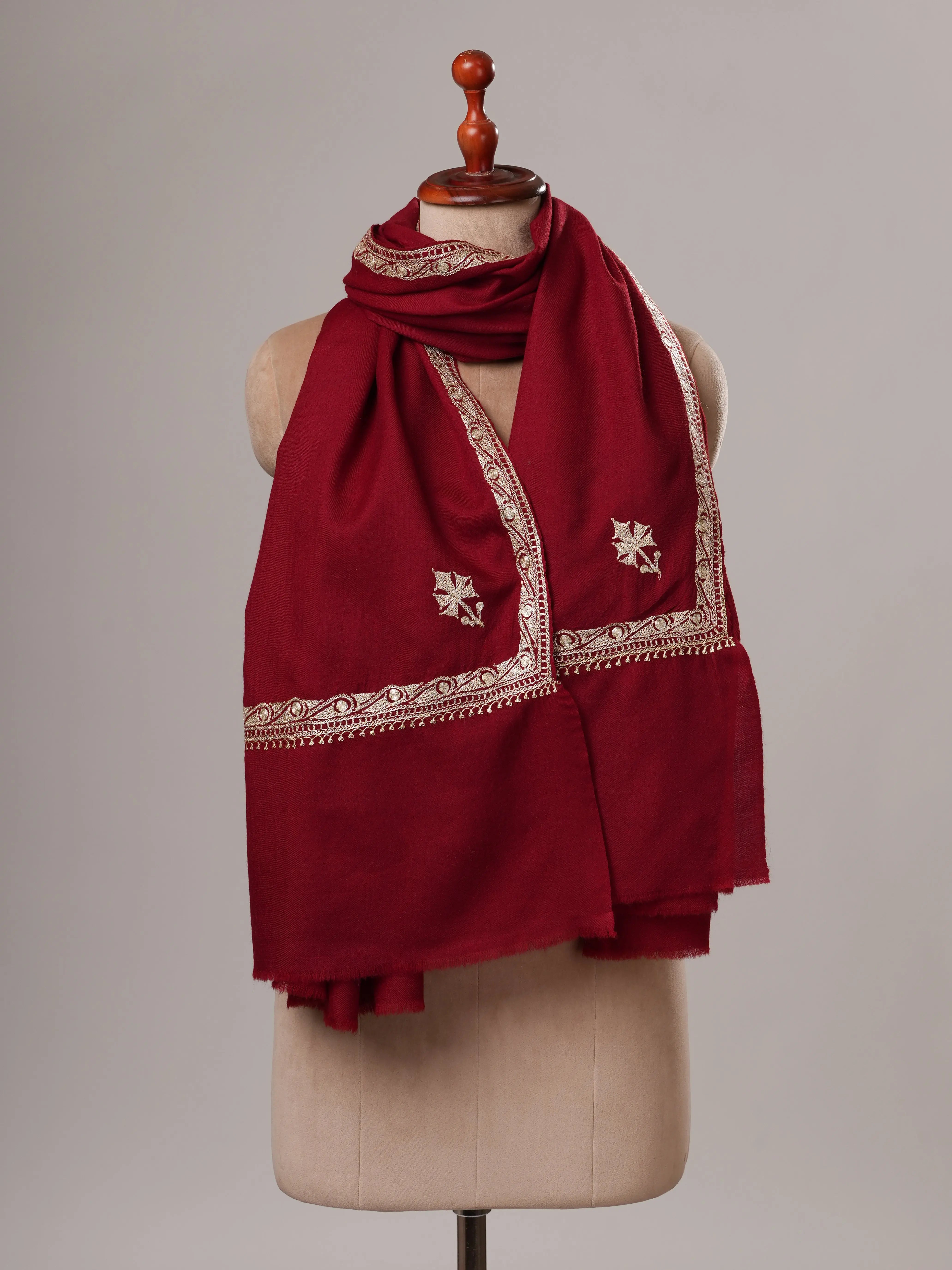Maroon Hashia Tilla Hand Embroidered Fine Wool Kashmiri Shawl Shahkaar