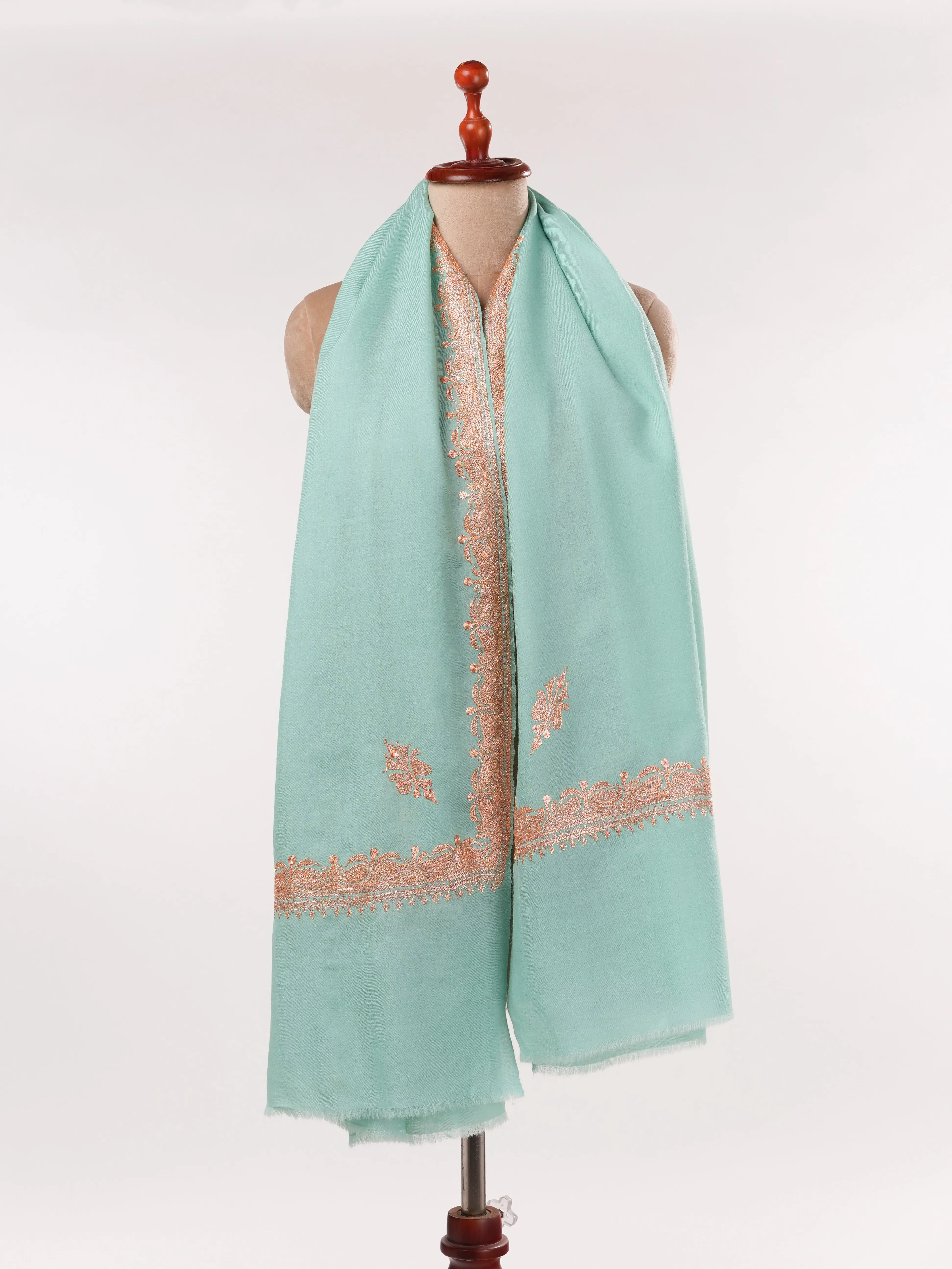 Sky Blue Fine Wool Shawl with Hand Tilla Hashidar Embroidery Shahkaar.com
