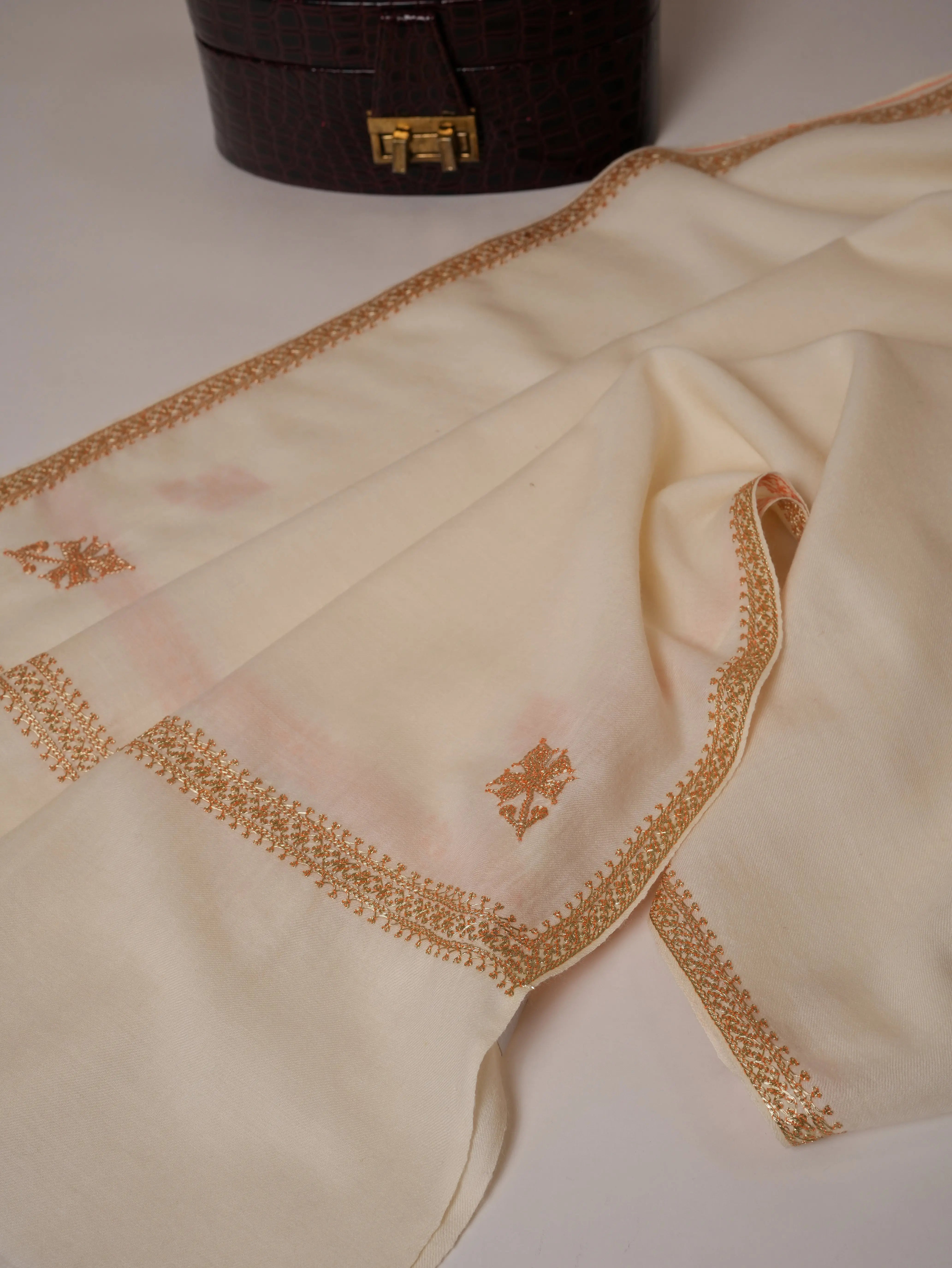 White Fine Wool Gold Tilla Embroidered Hashia Shawl Shahkaar Global