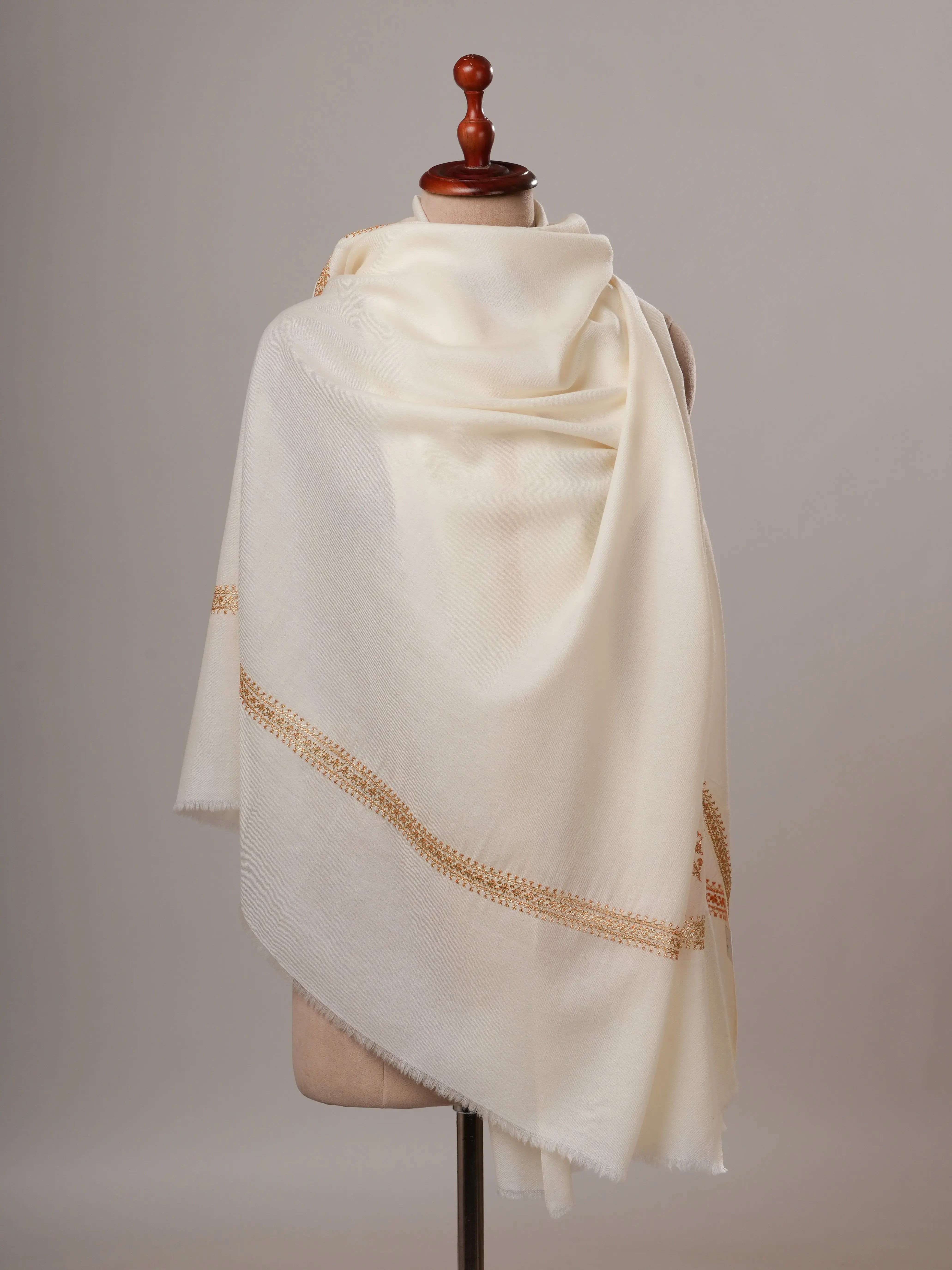 White Fine Wool Gold Tilla Embroidered Hashia Shawl Shahkaar Global