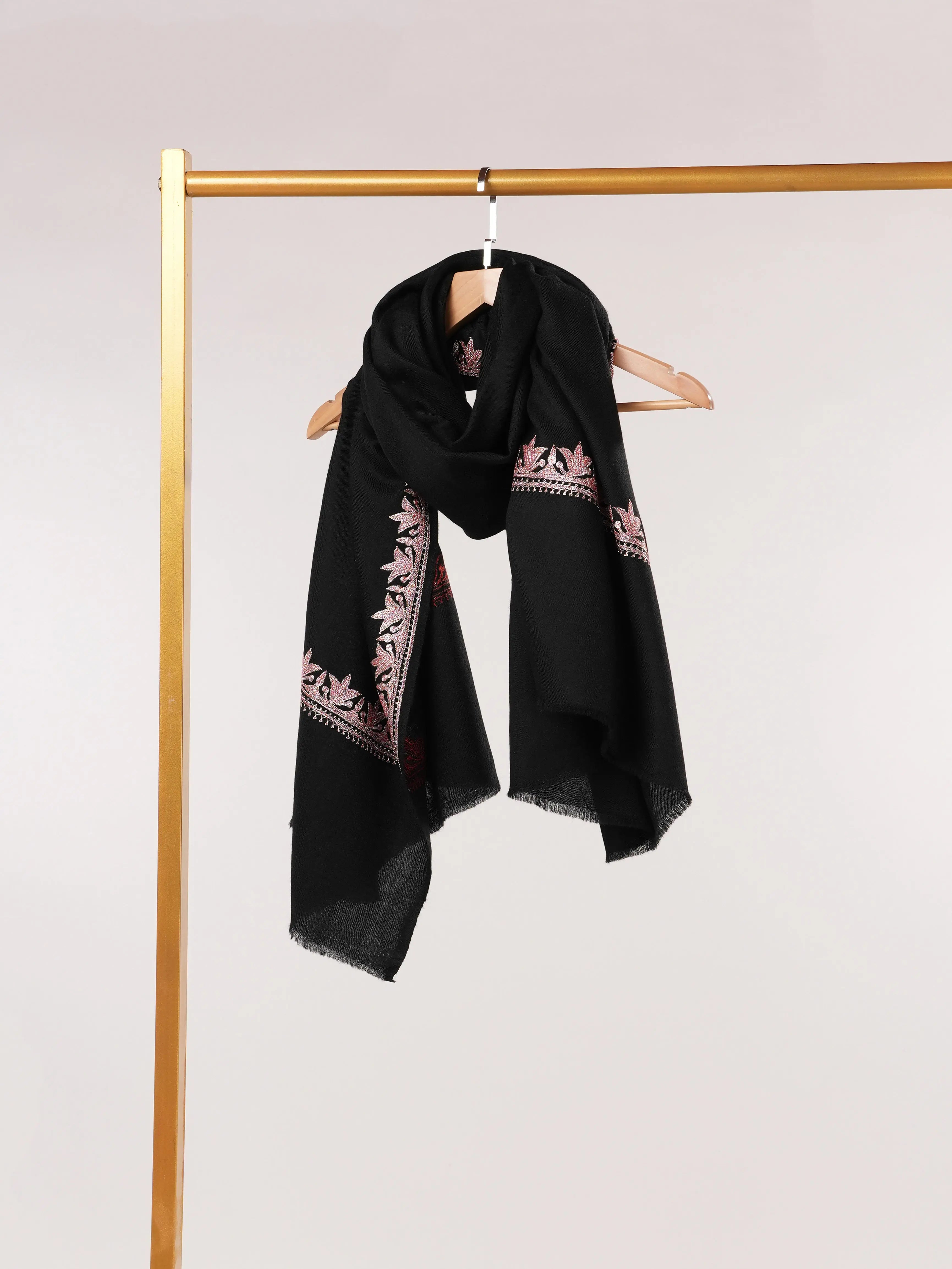 Black Fine Wool Shawl with Kashmiri Hand Tilla Neemdaur Embroidery Shahkaar.com