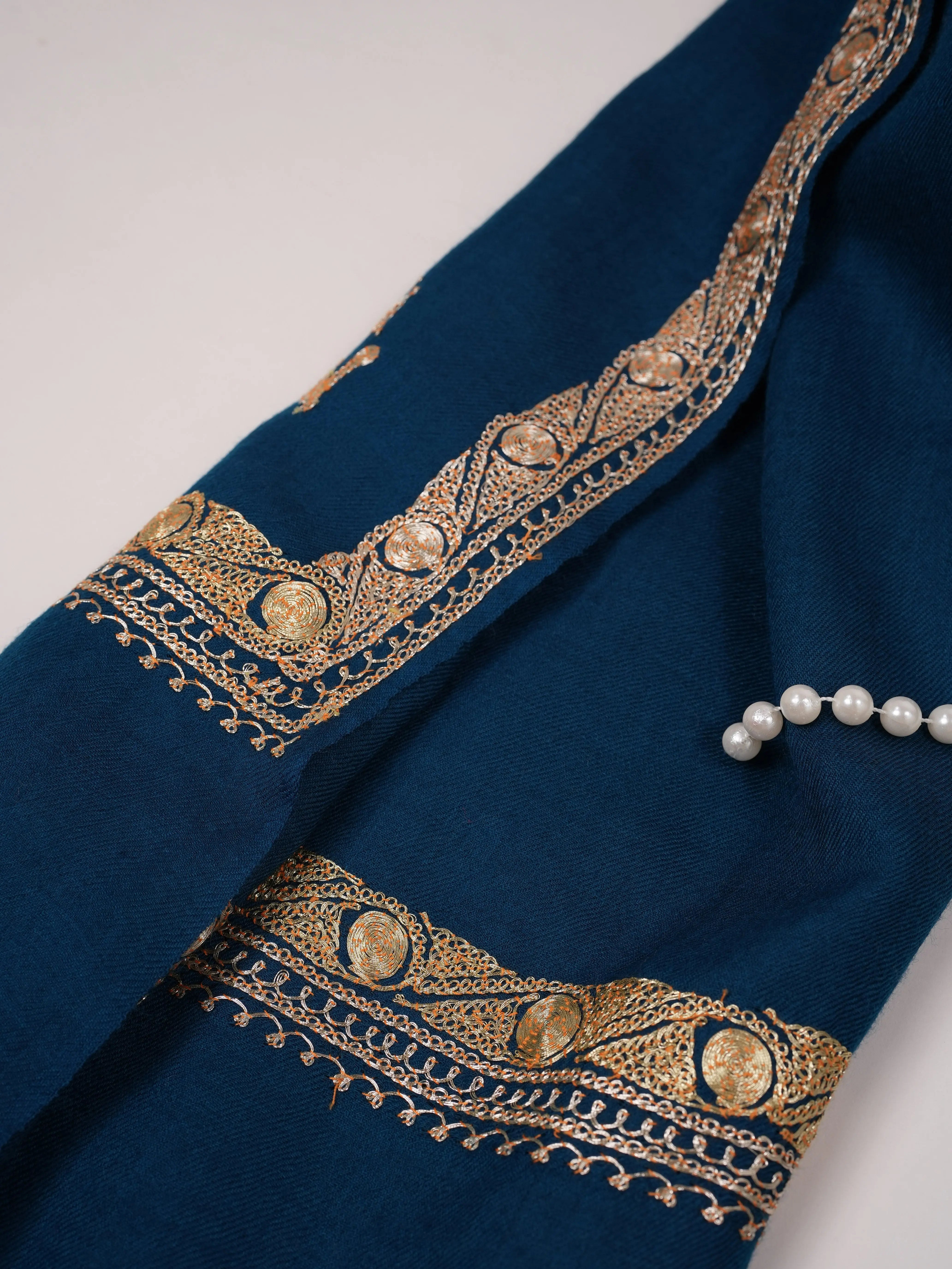 Peacock Blue Hashidar Hand Tilla Embroidered Fine Wool Shawl Shahkaar.com