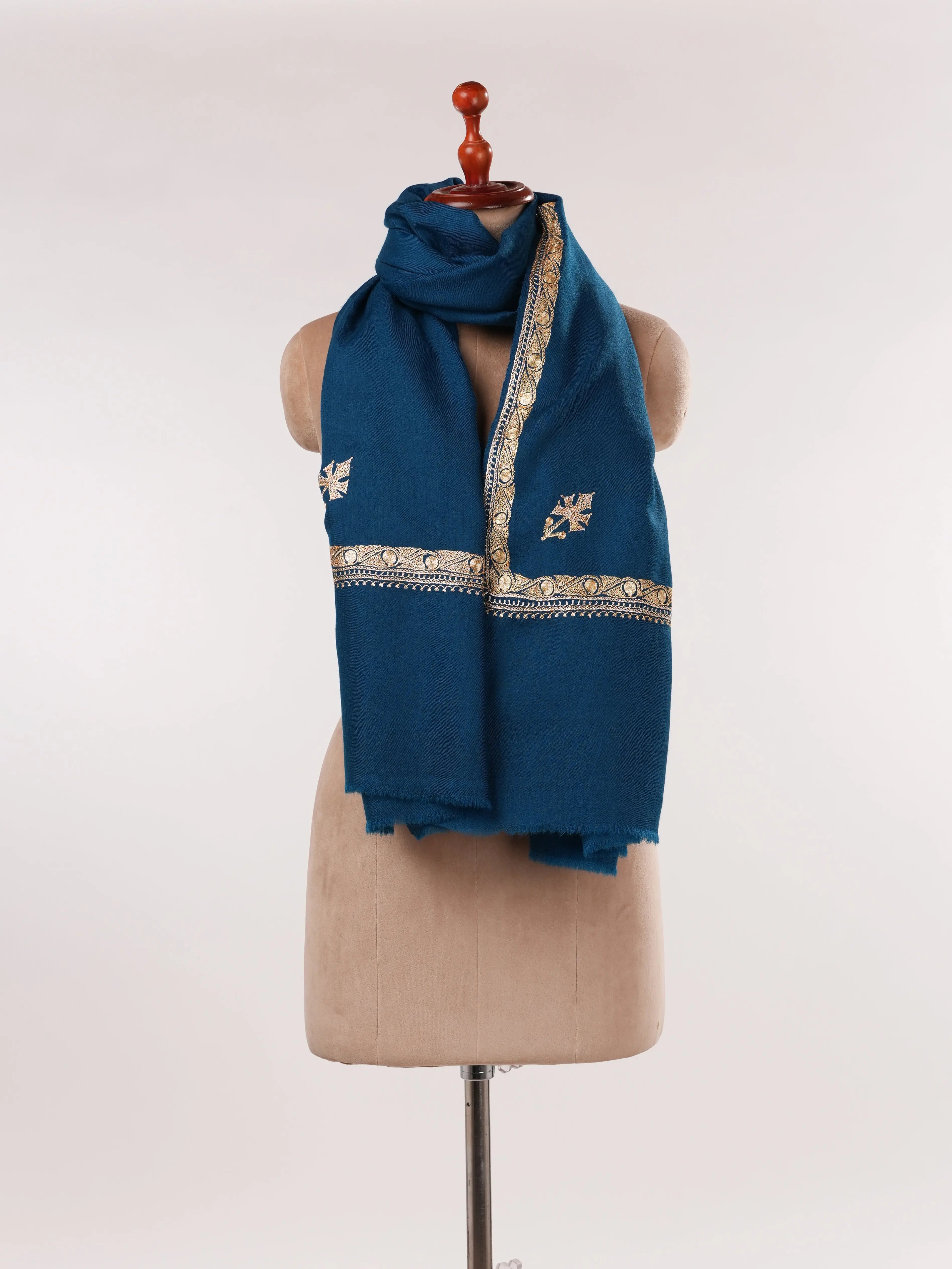 Peacock Blue Hashidar Hand Tilla Embroidered Fine Wool Shawl Shahkaar.com
