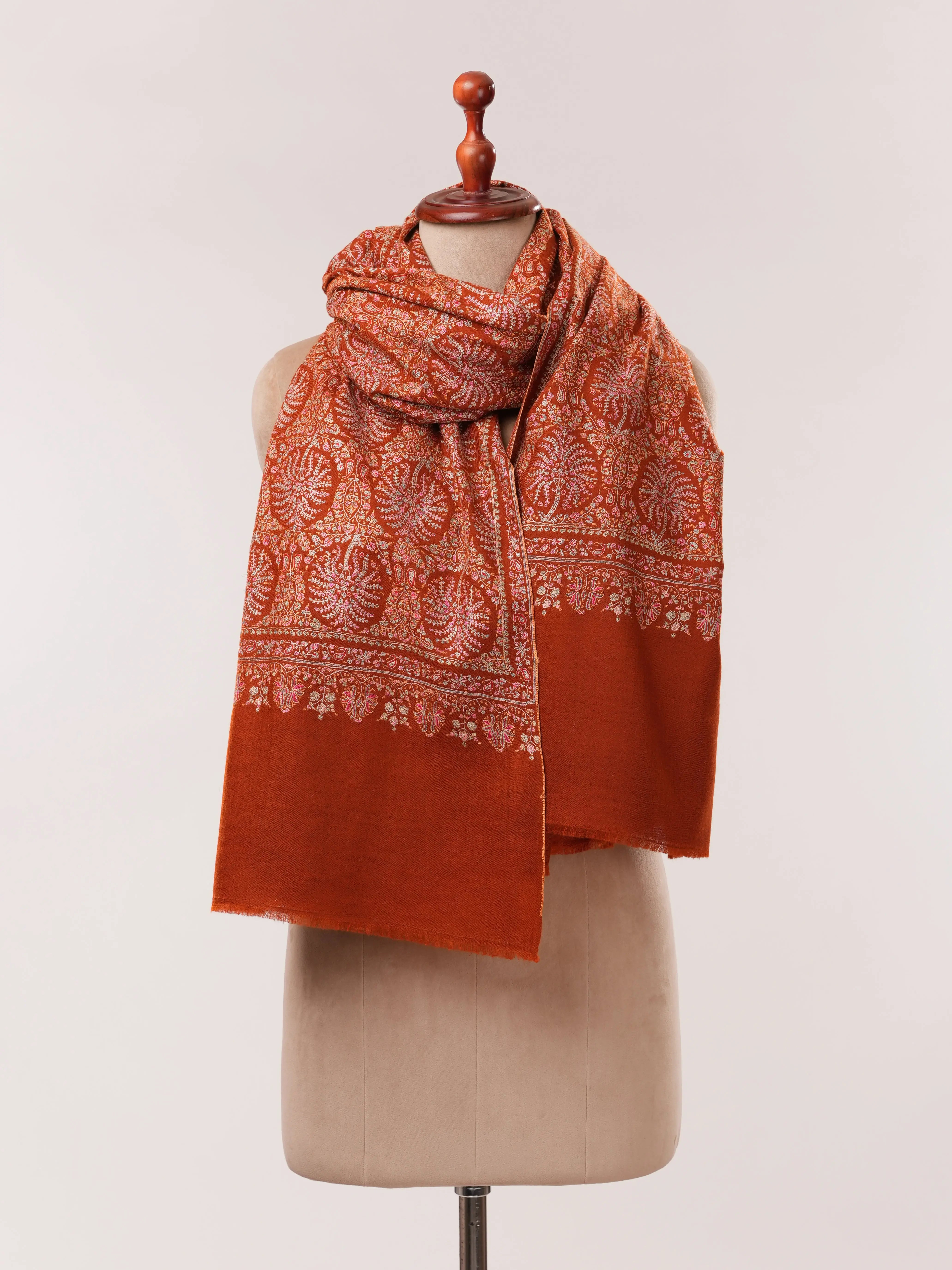 Rust Pashmina Shawl with Detailed Silk Sozni Hand Embroidery Shahkaar.com
