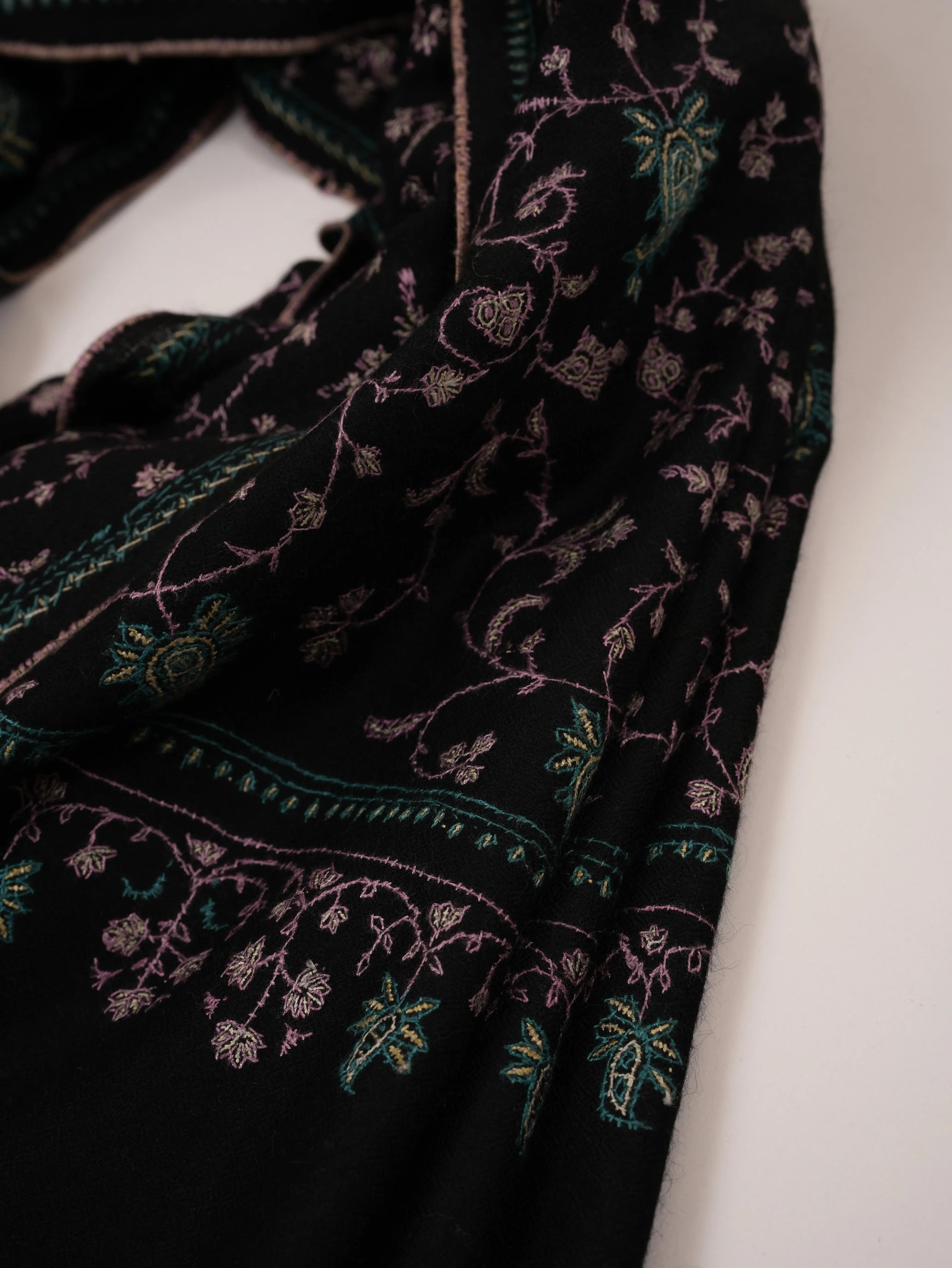 Black Scarf with Jali Hand Embroidery on Handwoven Cashmere Shahkaar.com