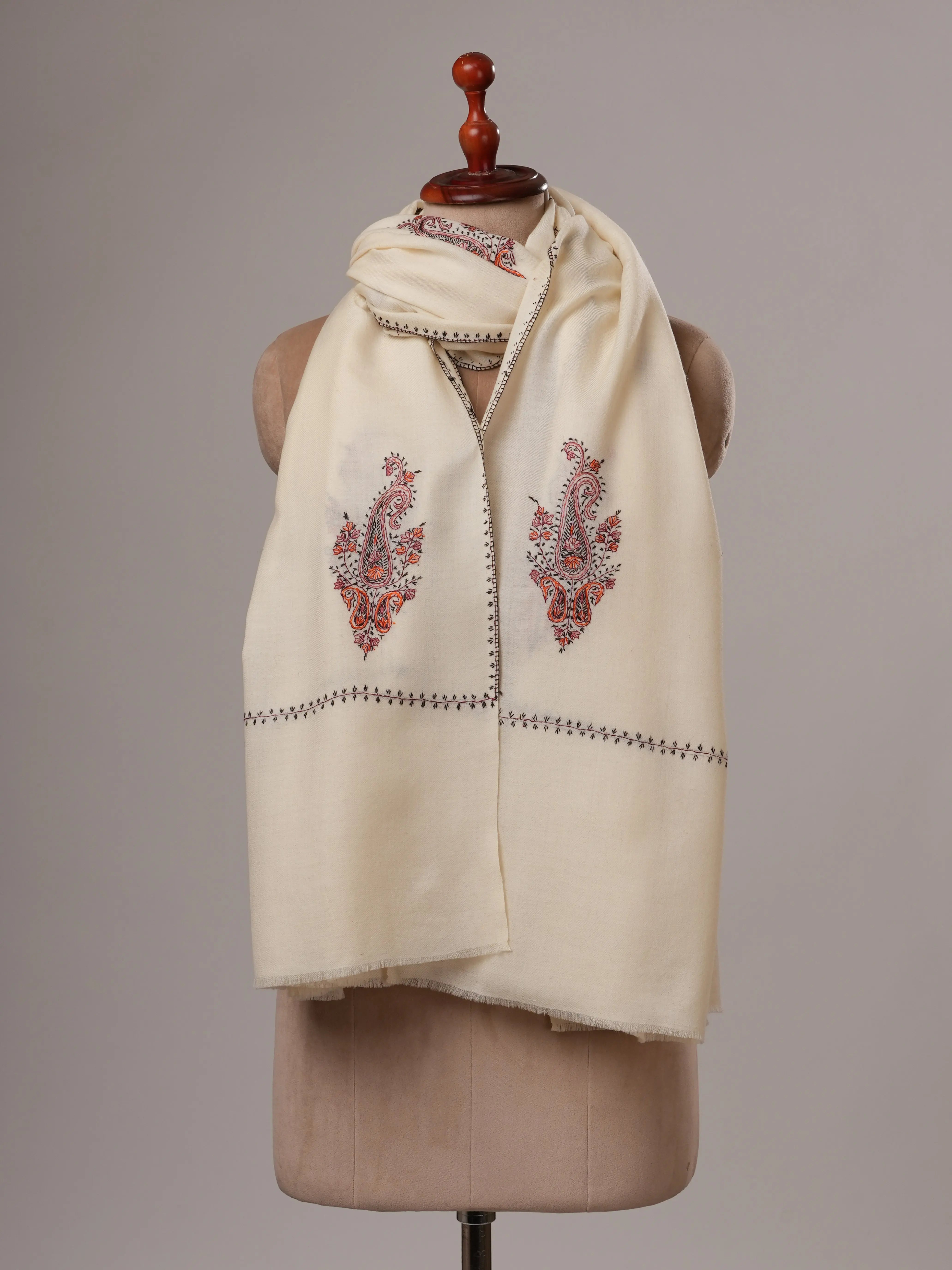 White Booti Hand Embroidered Fine Wool Soft Shawl Shahkaar