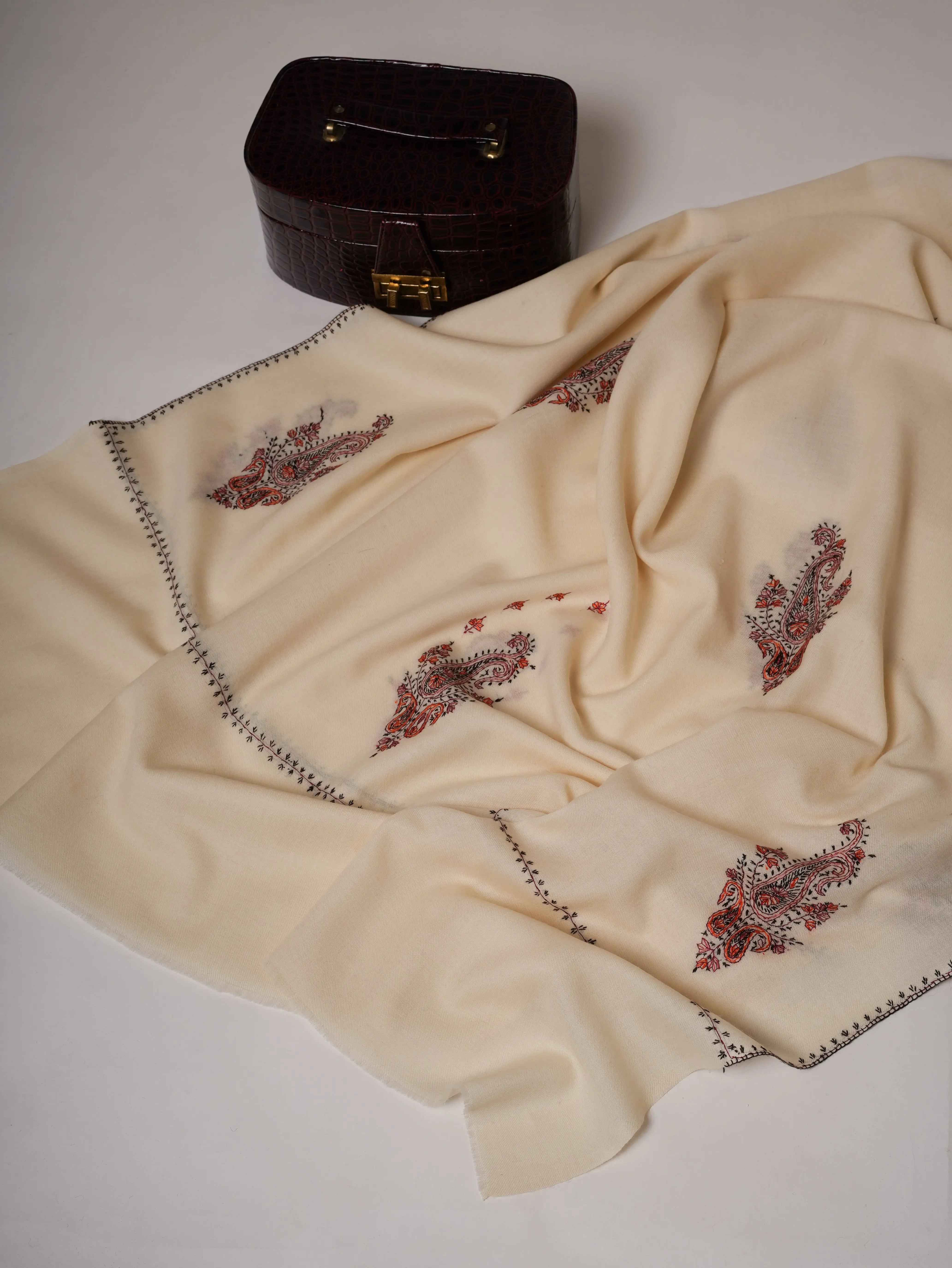 White Booti Hand Embroidered Fine Wool Soft Shawl Shahkaar