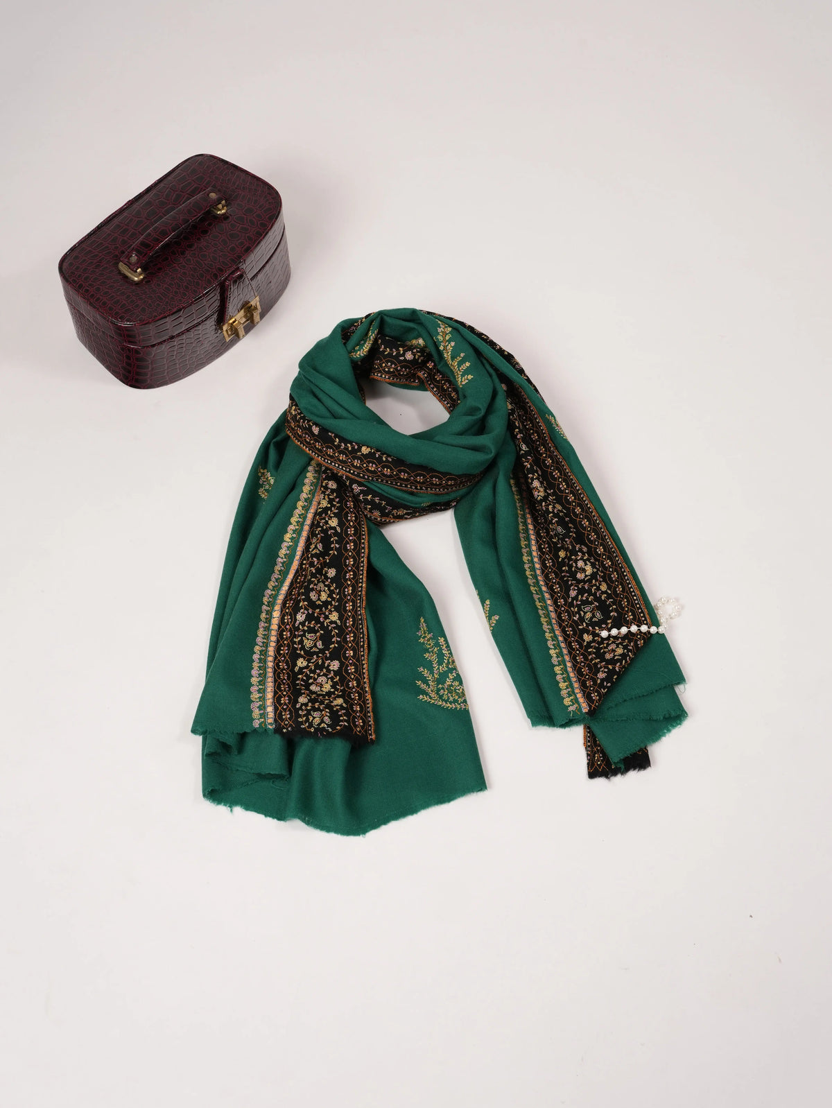 Green Buteh Hand Sozni Embroidered Pure Pashmina Shawl Shahkaar.com