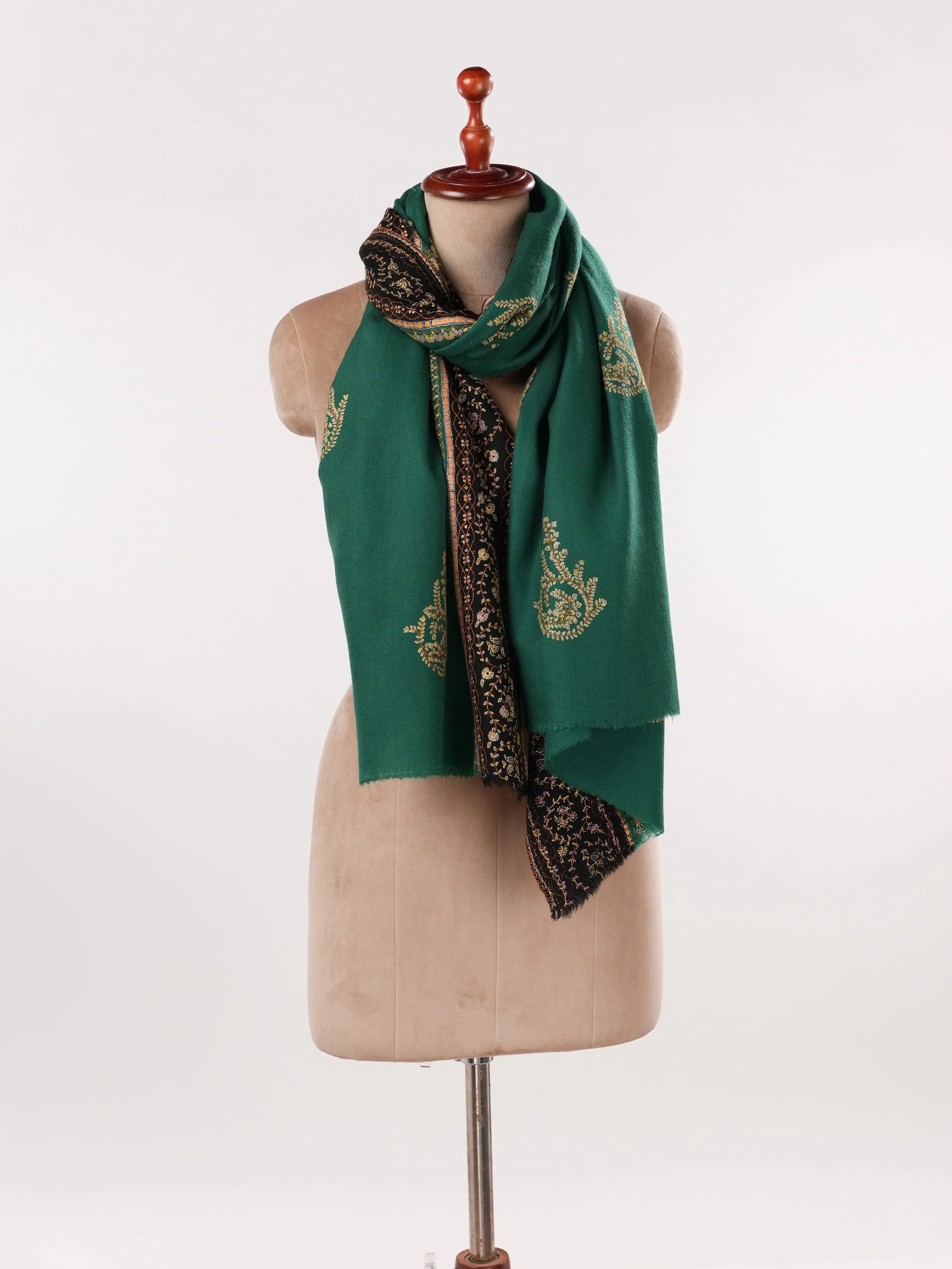 Green Buteh Hand Sozni Embroidered Pure Pashmina Shawl Shahkaar.com