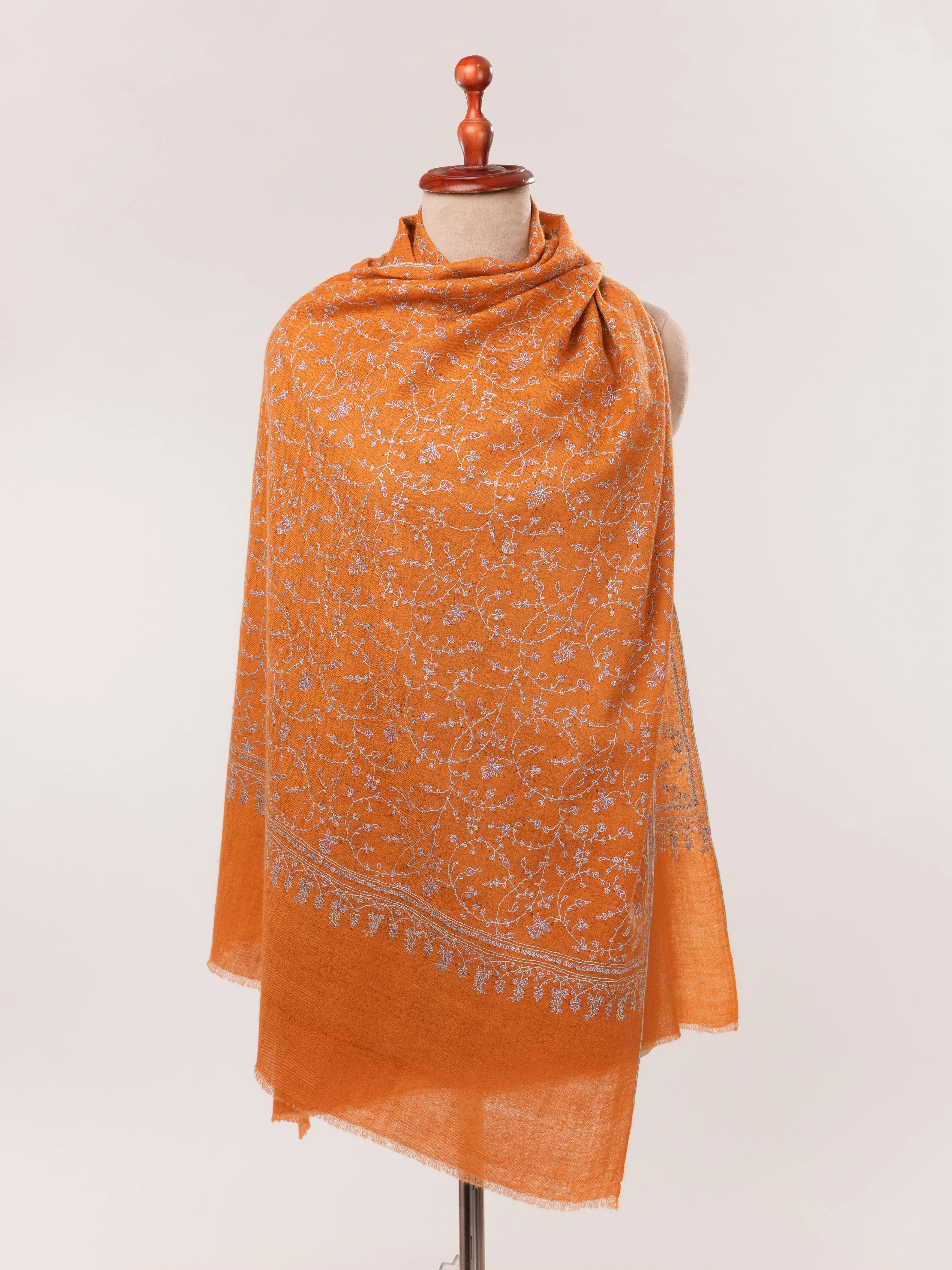 Orange Hand Embroidered Featherlight Cashmere Scarf Shahkaar.com