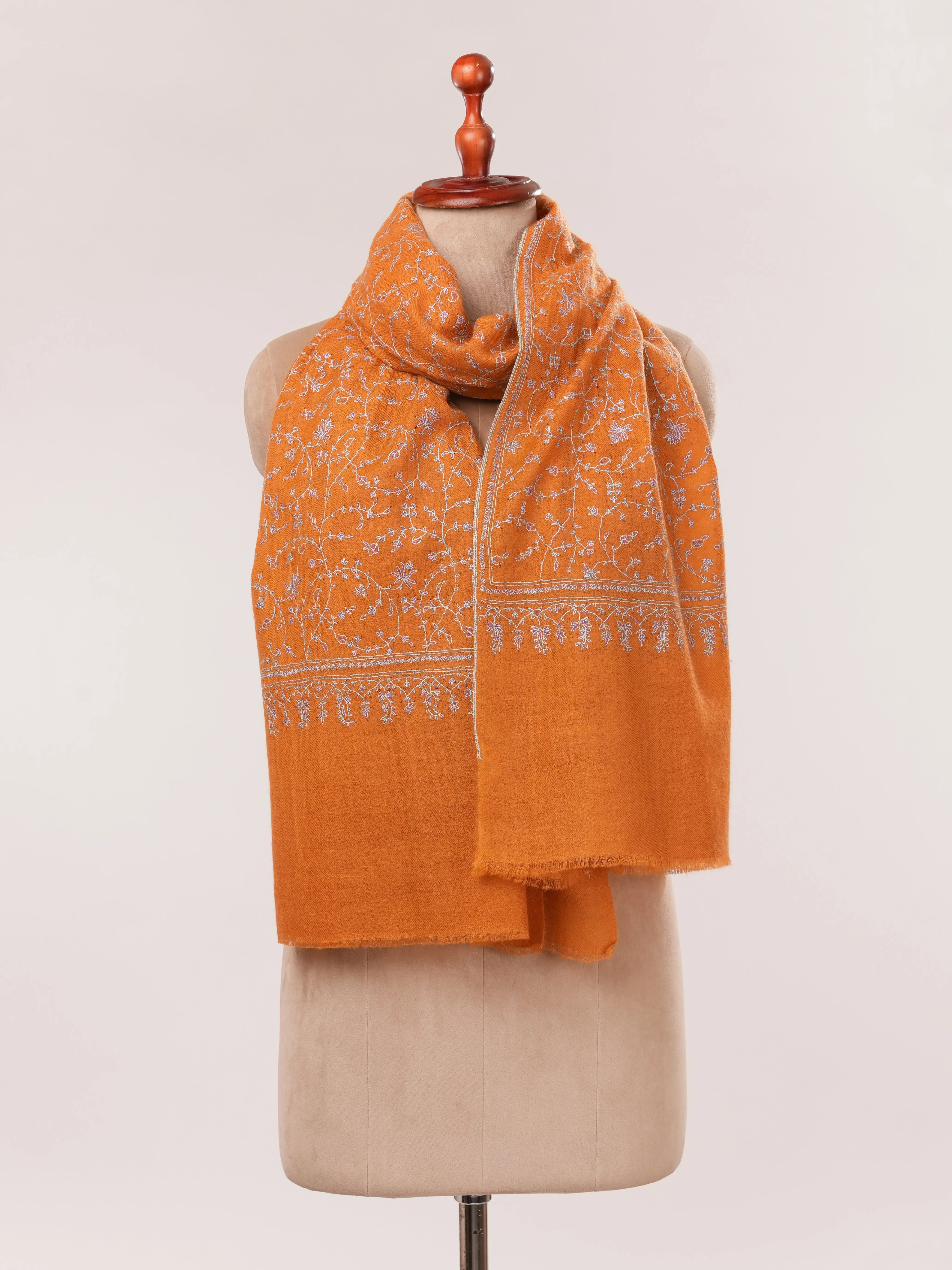 Orange Hand Embroidered Featherlight Cashmere Scarf Shahkaar.com