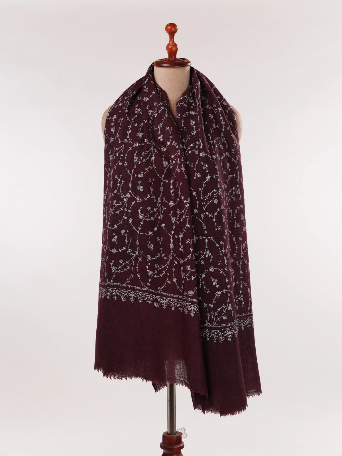 Wine Fine Wool Boiled Shawl with Traditional Jali Hand Embroidery Shahkaar.com