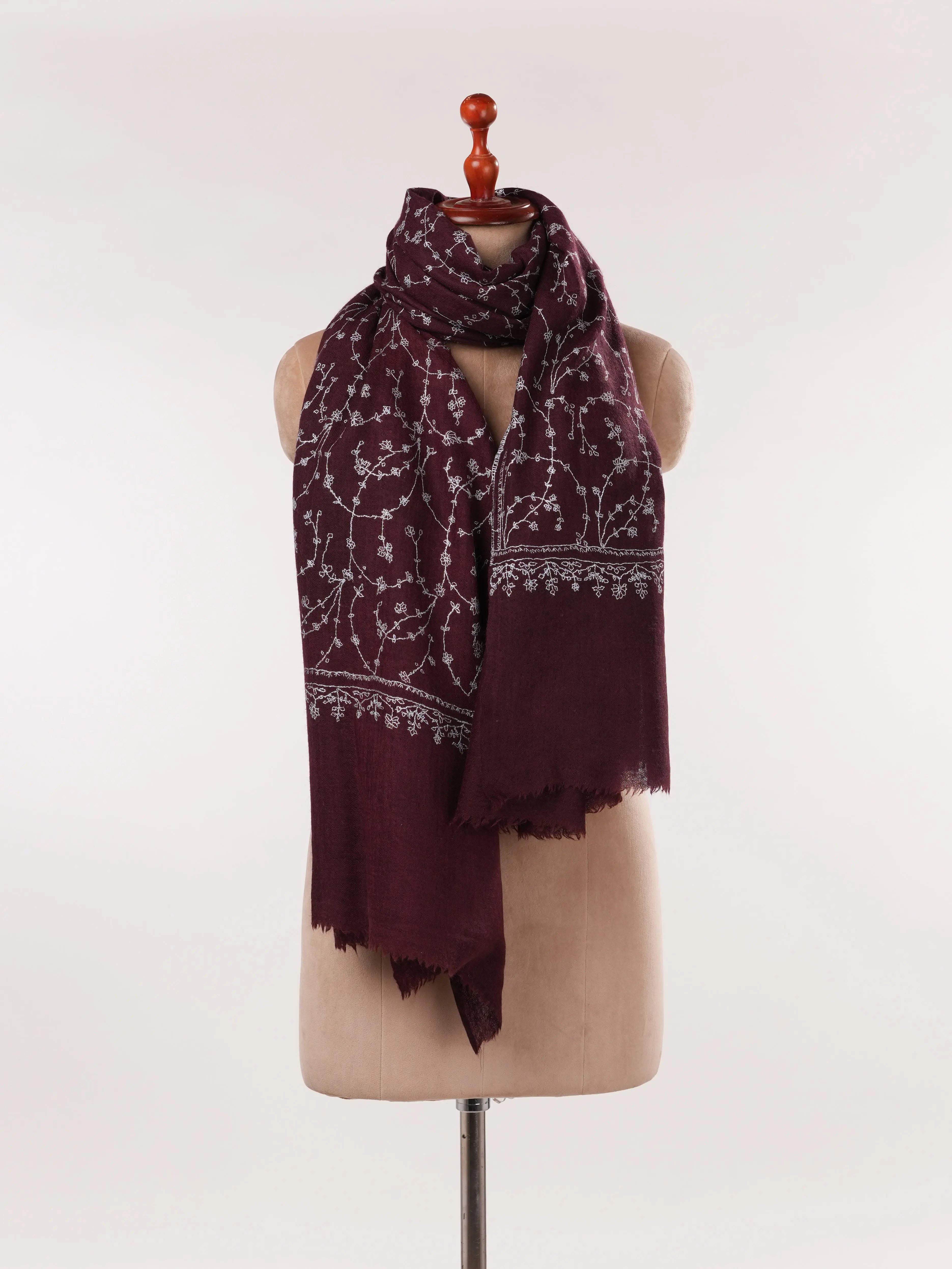 Wine Fine Wool Boiled Shawl with Traditional Jali Hand Embroidery Shahkaar.com