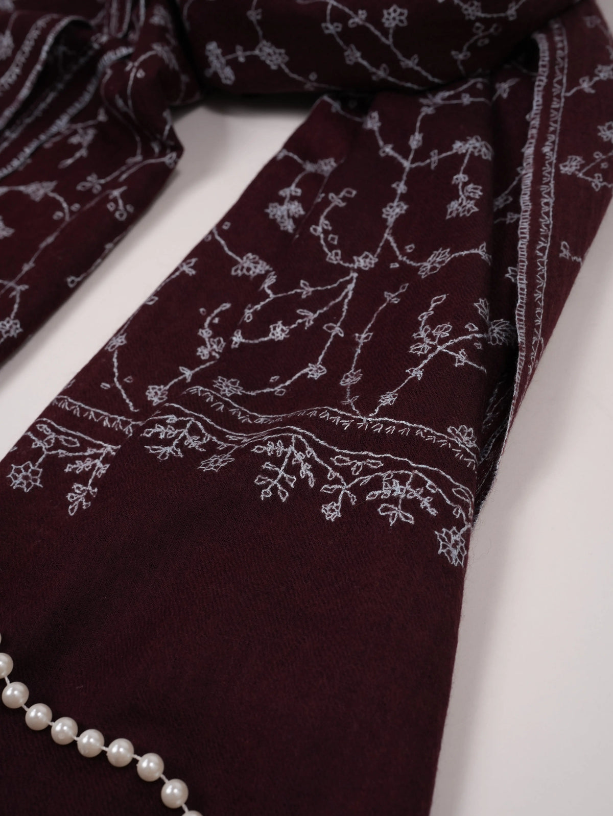 Wine Fine Wool Boiled Shawl with Traditional Jali Hand Embroidery Shahkaar.com